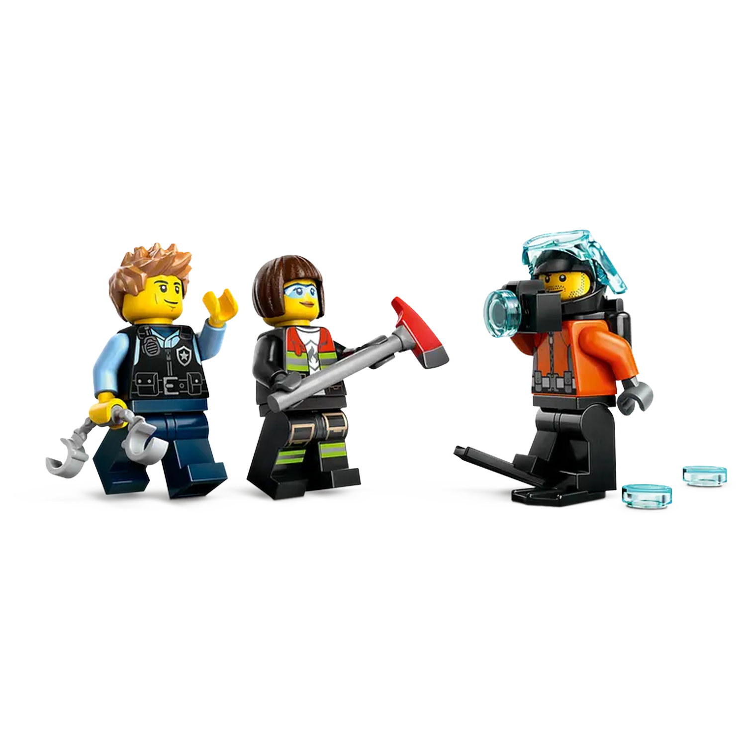 Three Lego minifigures: a police officer with a hook, a firefighter with an axe, and a diver with equipment. All on a white background.