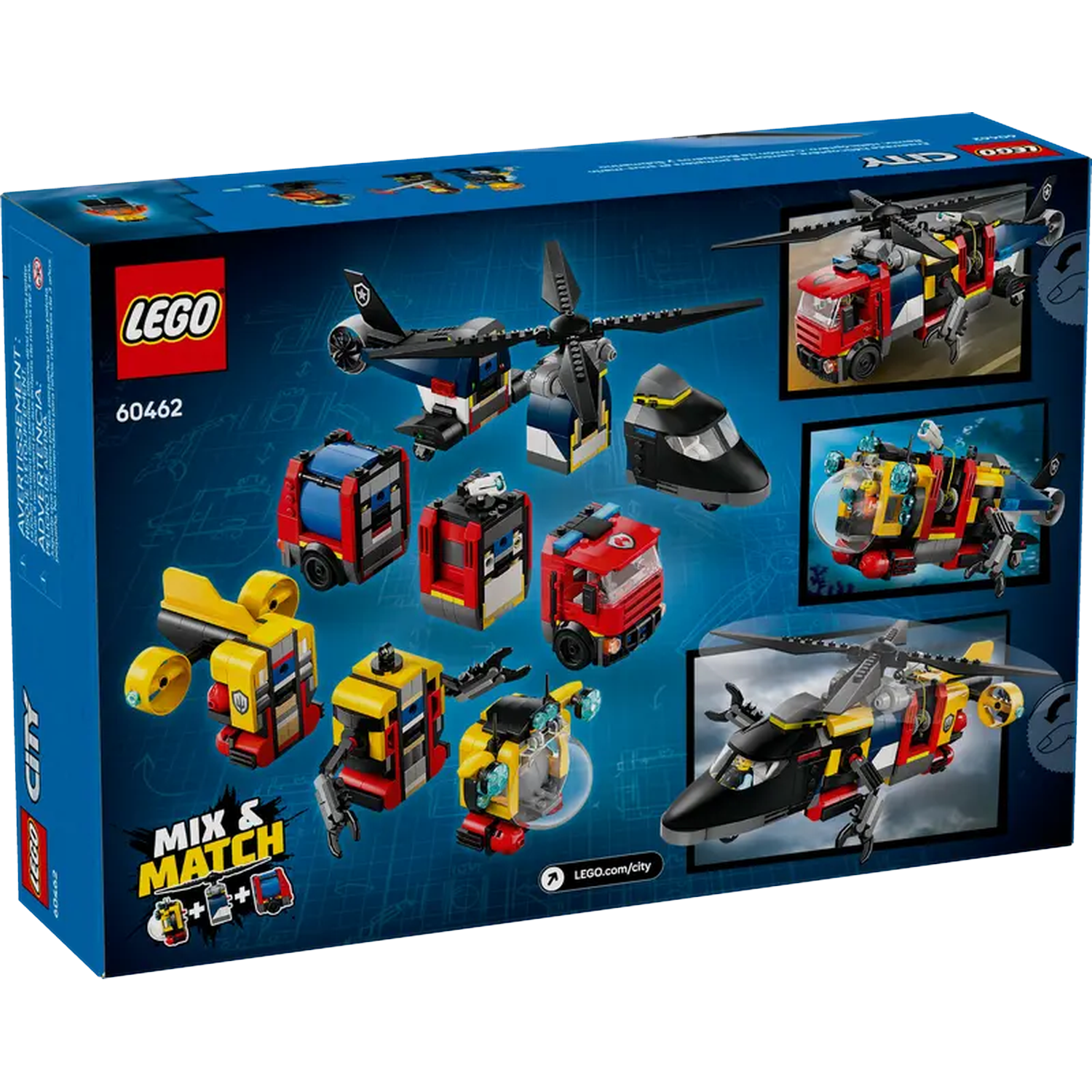 A Lego box shows various Lego vehicles: helicopters and transport trucks. The box is blue with the Lego logo and 'Mix & Match' text.