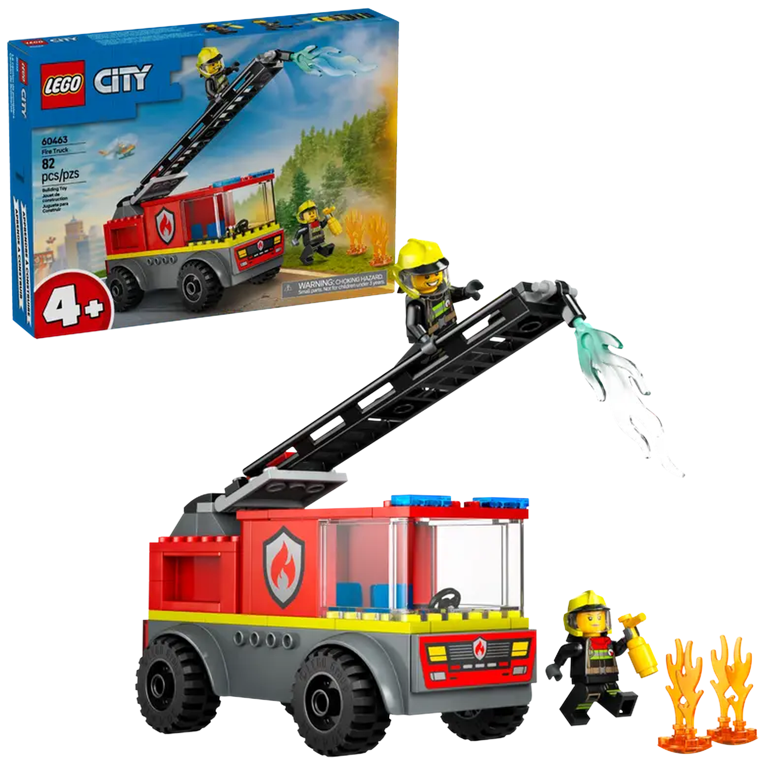 A Lego City fire truck with a ladder, firemen, and flames. A fireman sprays water from the ladder. There is a box in the background.