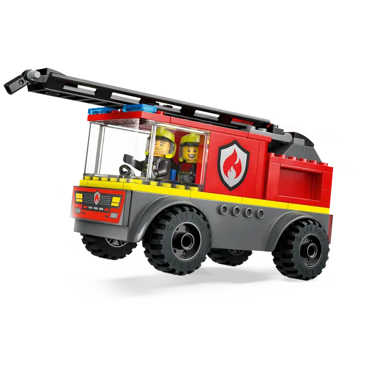 A Lego fire truck with two minifigures inside. It is red, yellow, and gray with a ladder extended. The background is white.