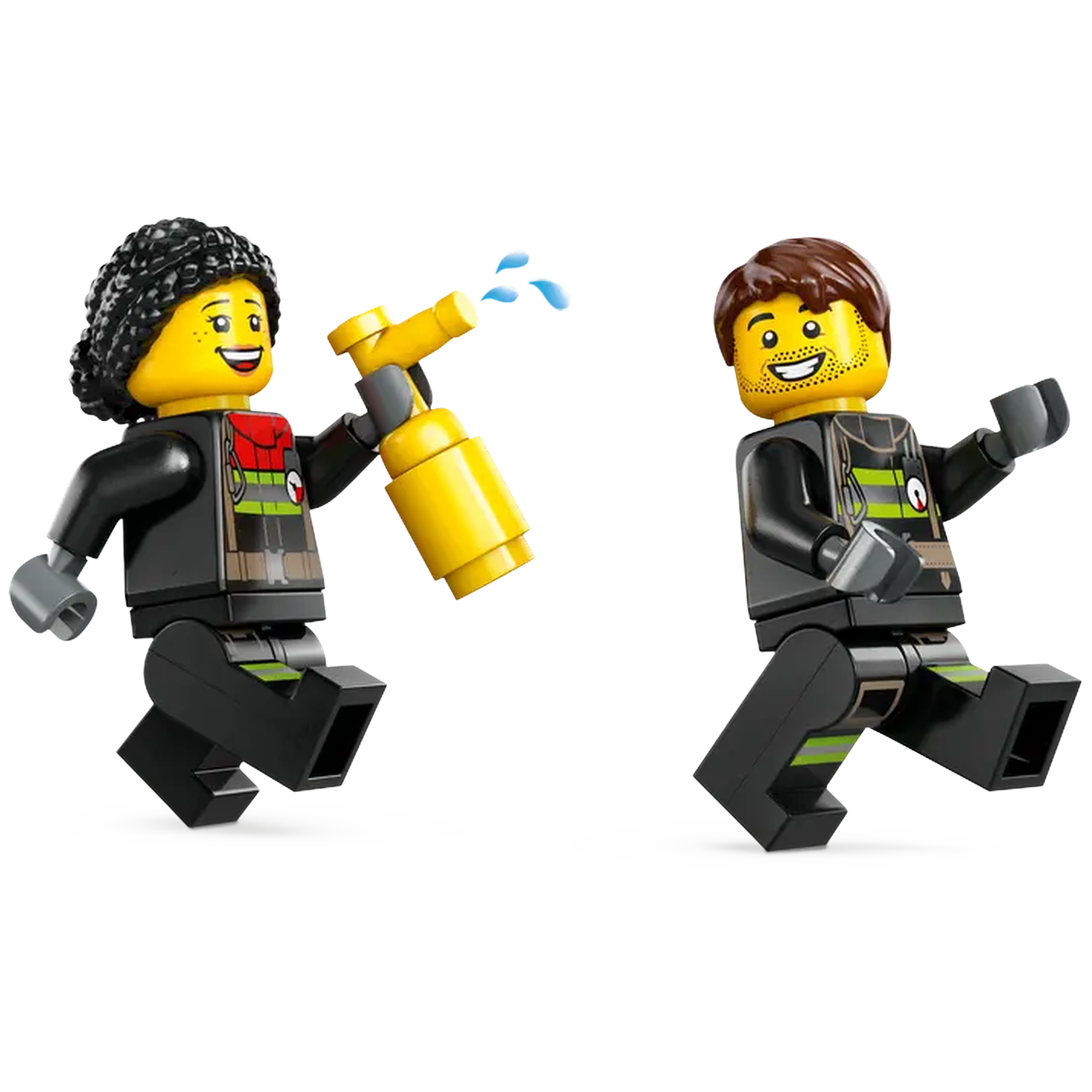 Two Lego figures. One sprays water, the other dances. Both wear black uniforms with green stripes and smiling faces.