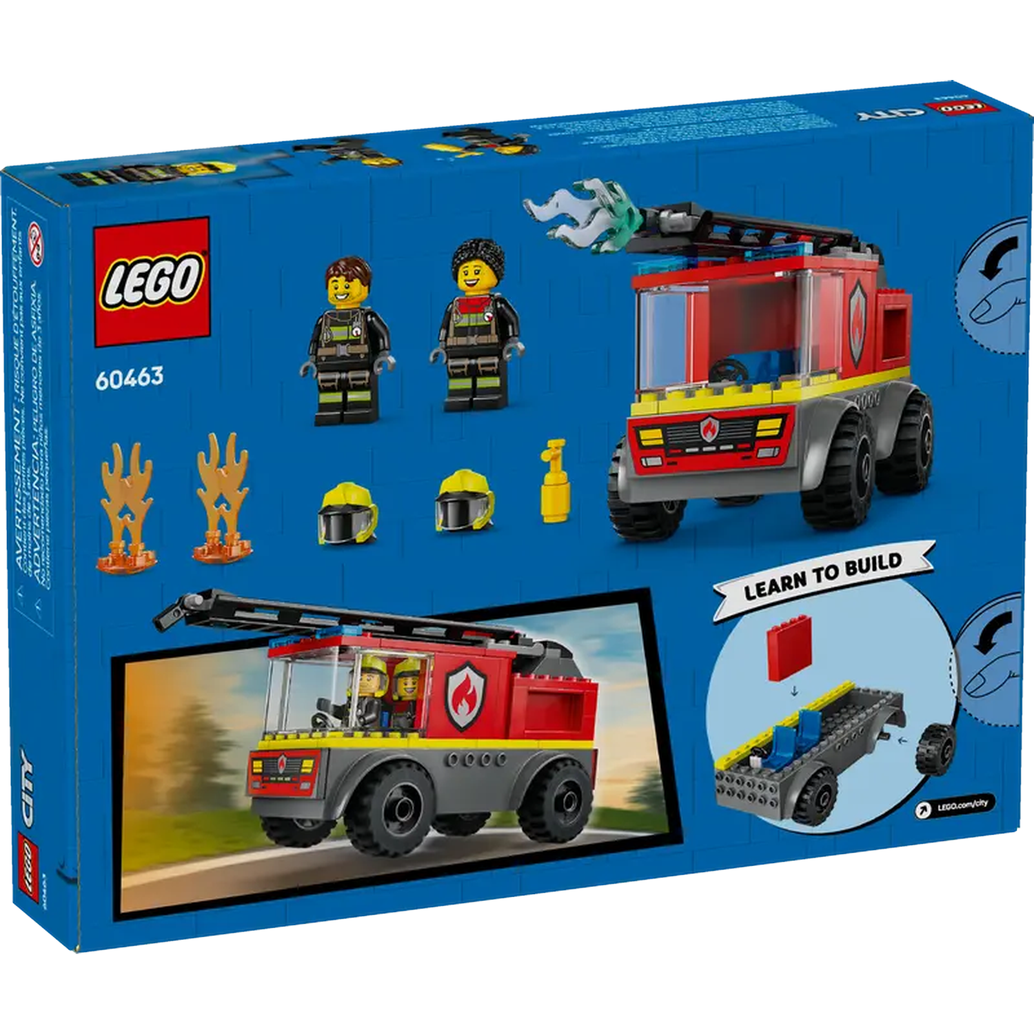 Lego box shows a fire truck, minifigures, and accessories. It's a Lego City set with the Learn to Build feature.