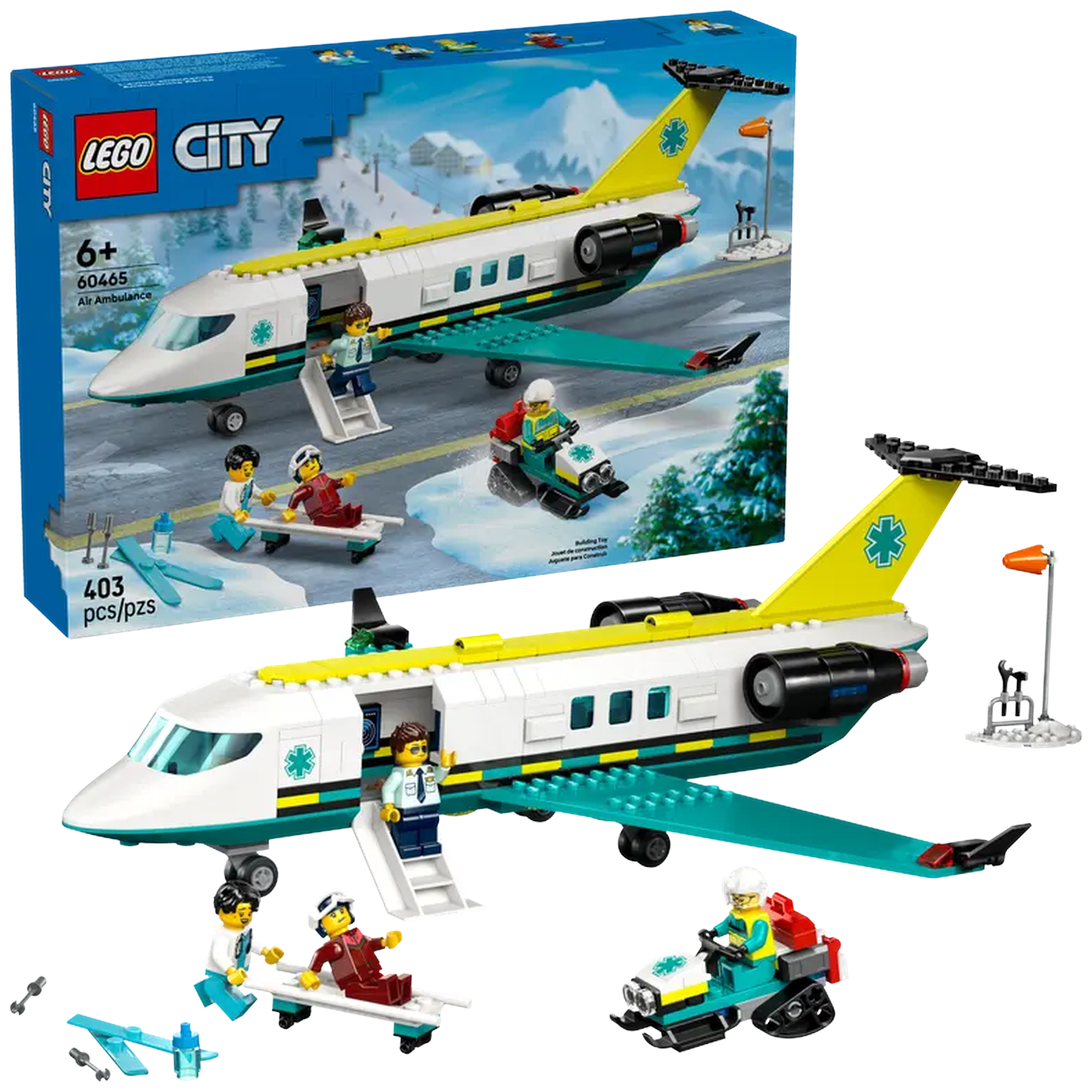Lego City Air Ambulance set. Includes white and yellow airplane, snowmobile, medical figures, and accessories. Box in background.