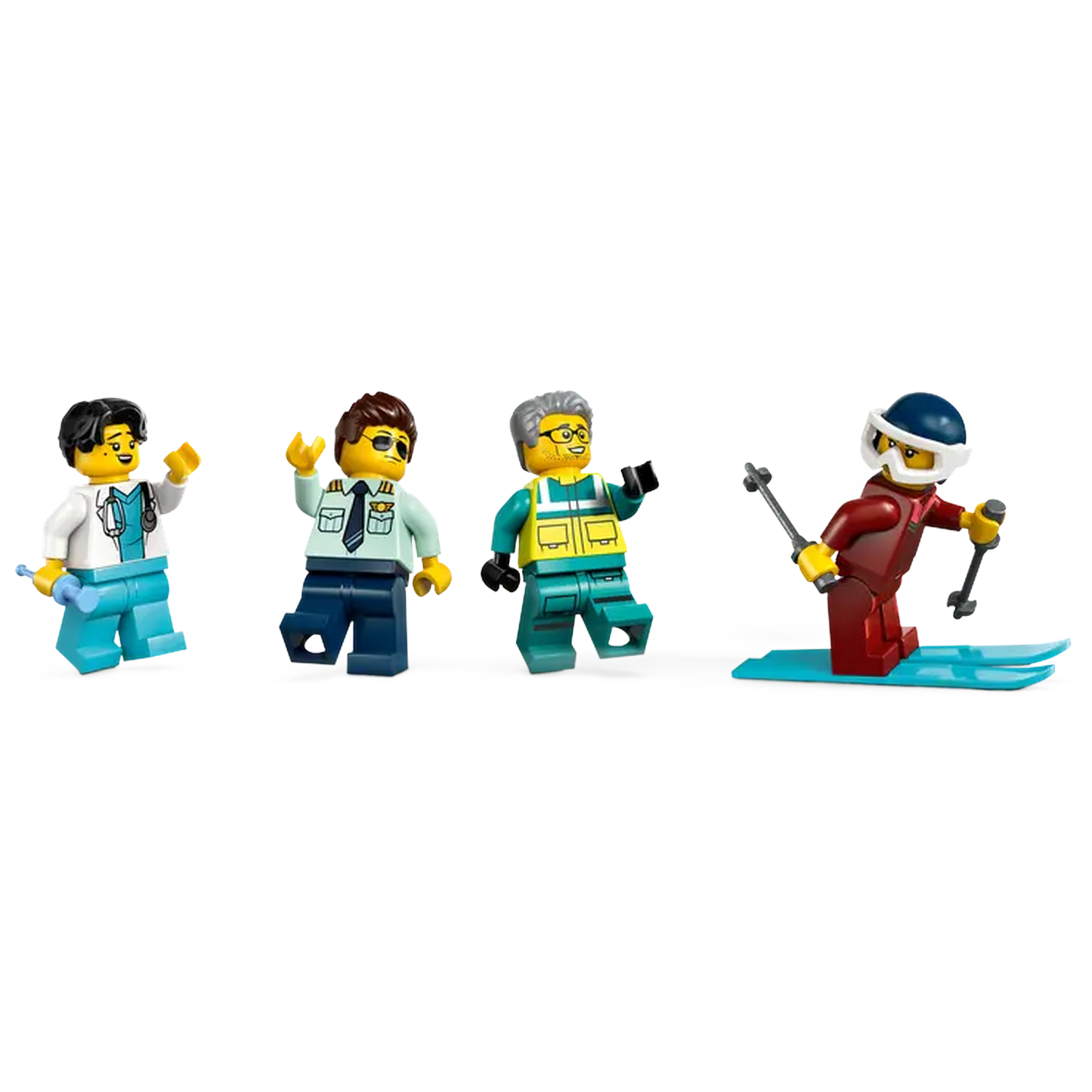 Four Lego figures: doctor, pilot, paramedic, and skier. They are all waving. The skier is on skis.