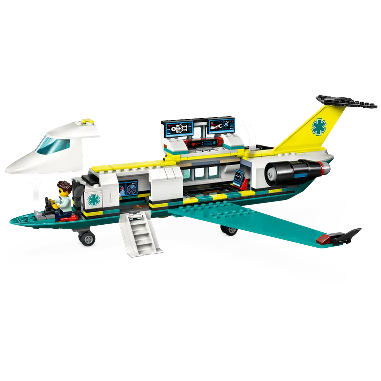 A Lego medical jet. It has a pilot in the cockpit. The plane is white, teal, yellow, and black. A medical symbol is on the tail.