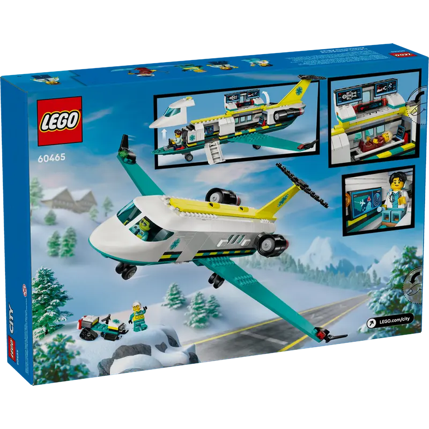 Lego City set box. Features an ambulance plane in flight, with minifigures and a snow-covered landscape.