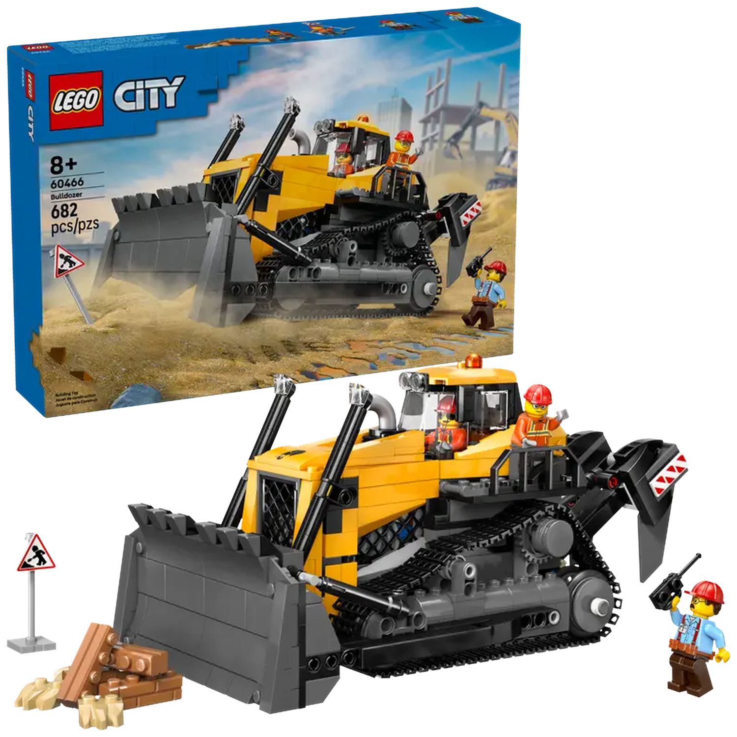 Lego City bulldozer set. Yellow bulldozer with black tracks and blade. Includes Lego figures, warning sign, and construction bricks.