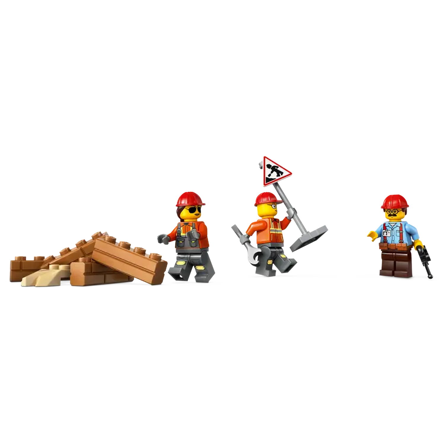 Lego construction workers with a hazard sign and bricks on a white background. One holds a wrench.