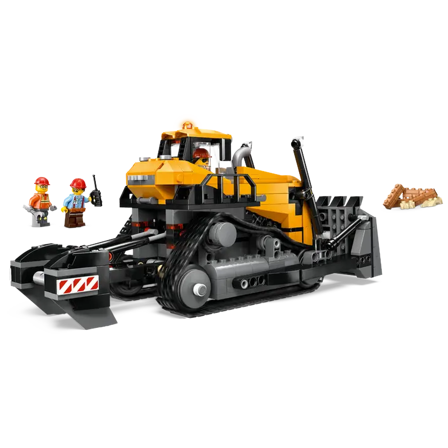 A Lego construction set with a yellow and gray bulldozer, two worker figures and a small pile of bricks on a white background.