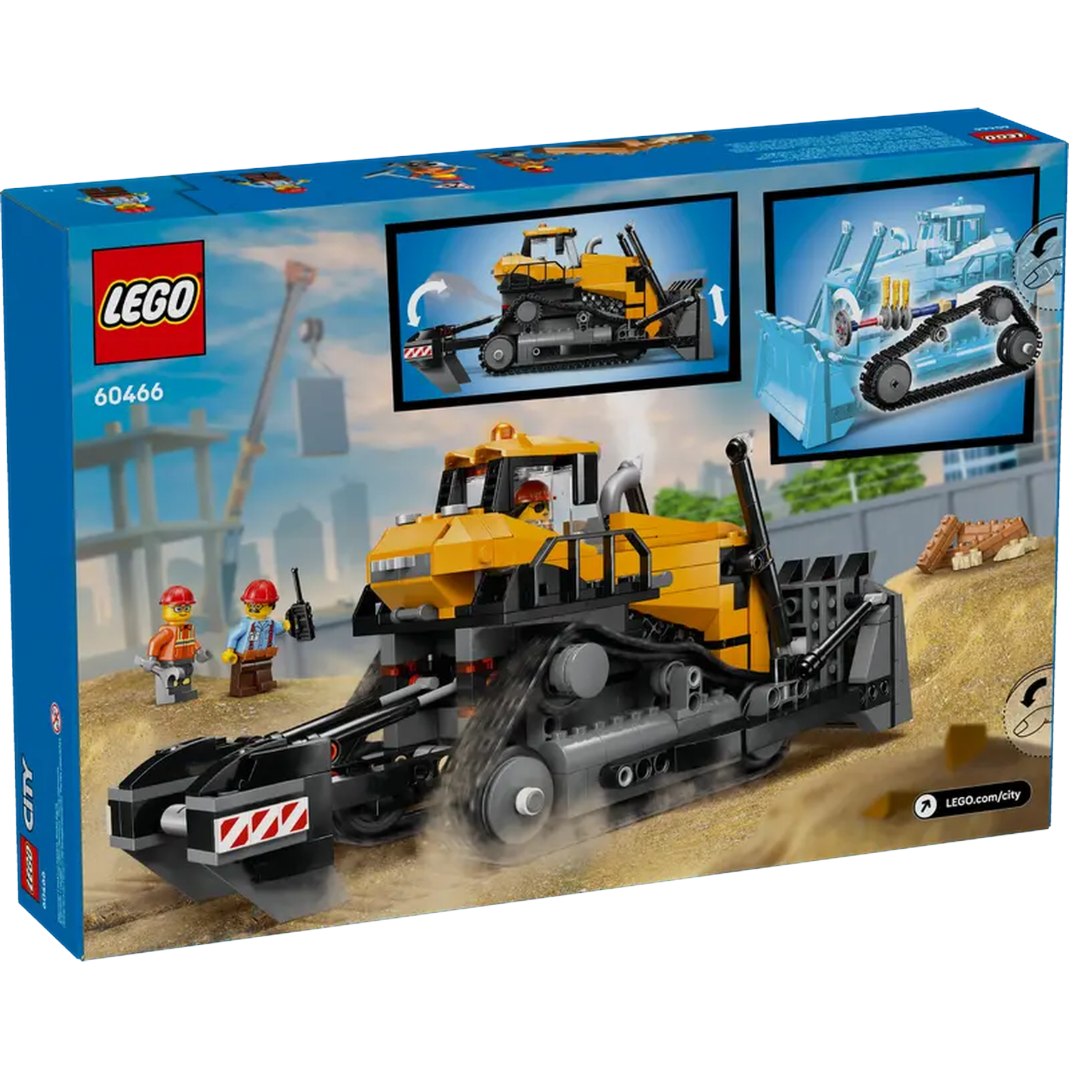 Lego City construction set box. A yellow bulldozer is in action, with two worker figures and a building site background.