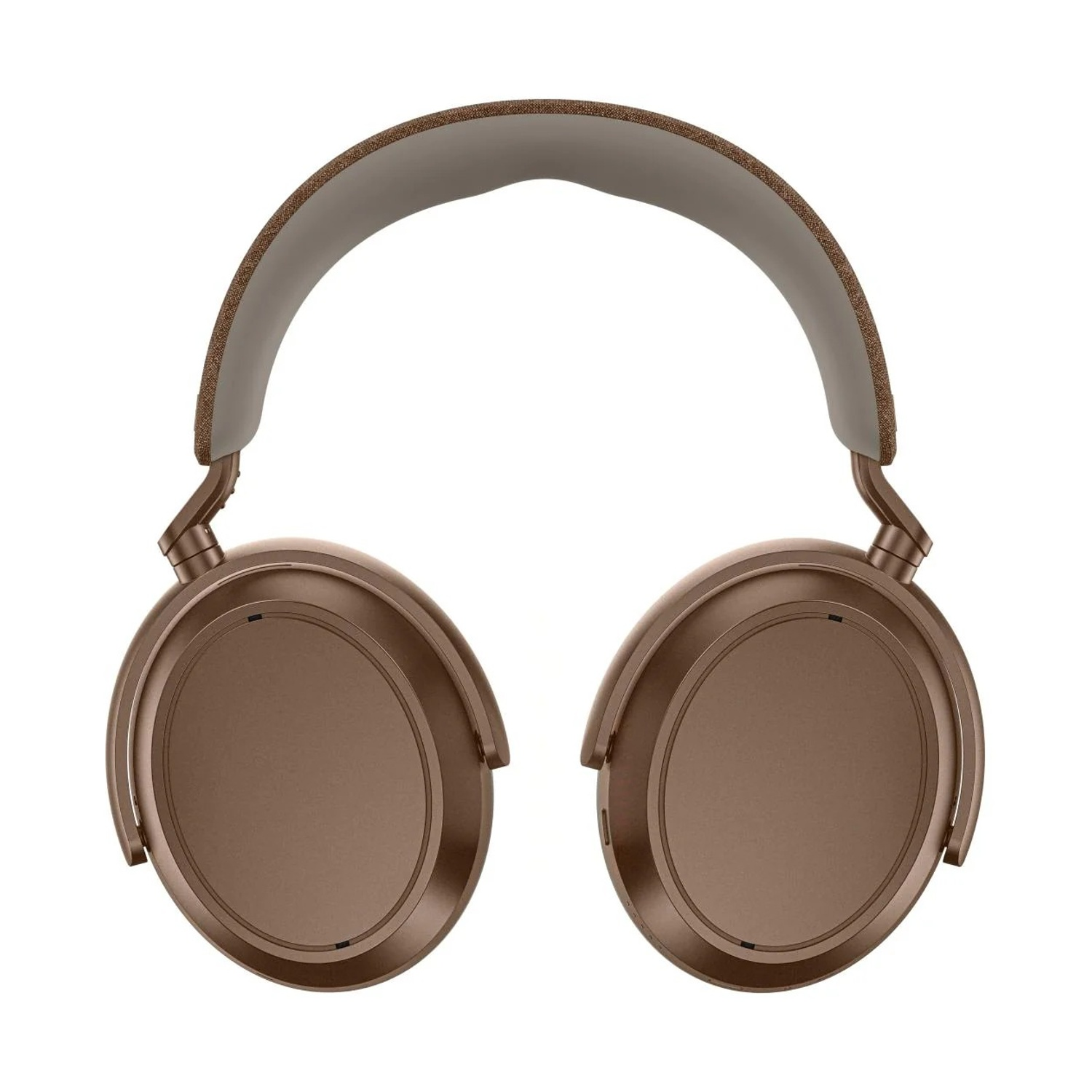 Cuffie over-ear su sfondo bianco. Padiglioni e fascia marroni. Imbottitura grigio chiaro sulla fascia. Design moderno.