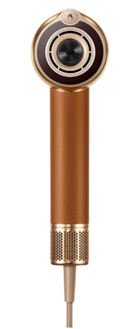 Złoto-brązowy douszny, z okrągłą obudową głośnika i cylindrycznym korpusem, poniżej podłączony jest przewód.