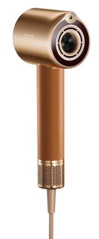 Złota i brązowa suszarka do włosów. Suszarka ma cylindryczny uchwyt i okrągłą głowicę z ciemnym środkiem.