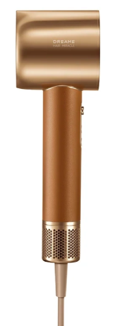 Złoto-brązowa suszarka do włosów Dreame na białym tle. Ma kształt litery T i kabel. Uchwyt jest brązowy, a głowica suszarki złota.