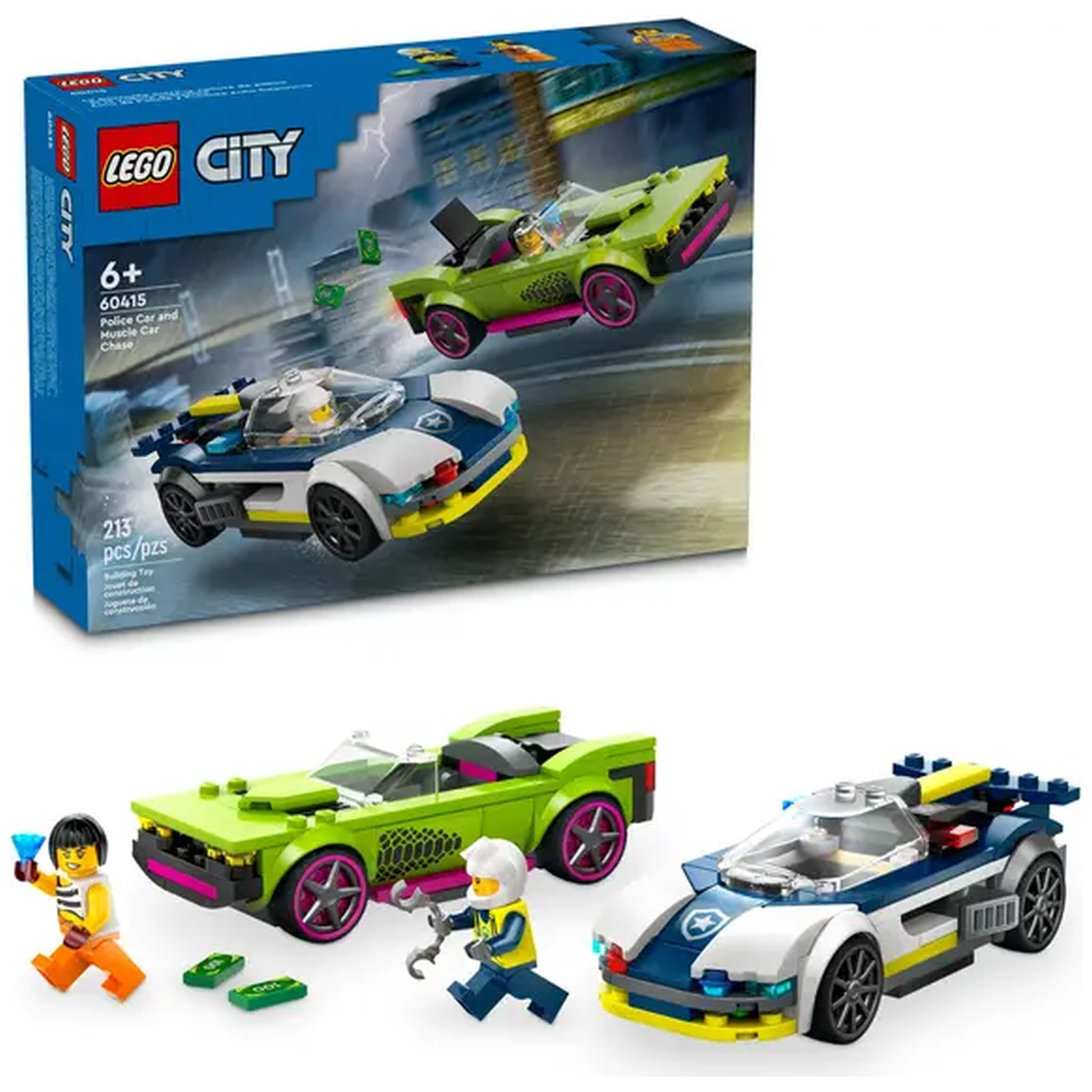 Lego City set showing a police car and muscle car. Included are minifigures and money. The box and cars are in the image.
