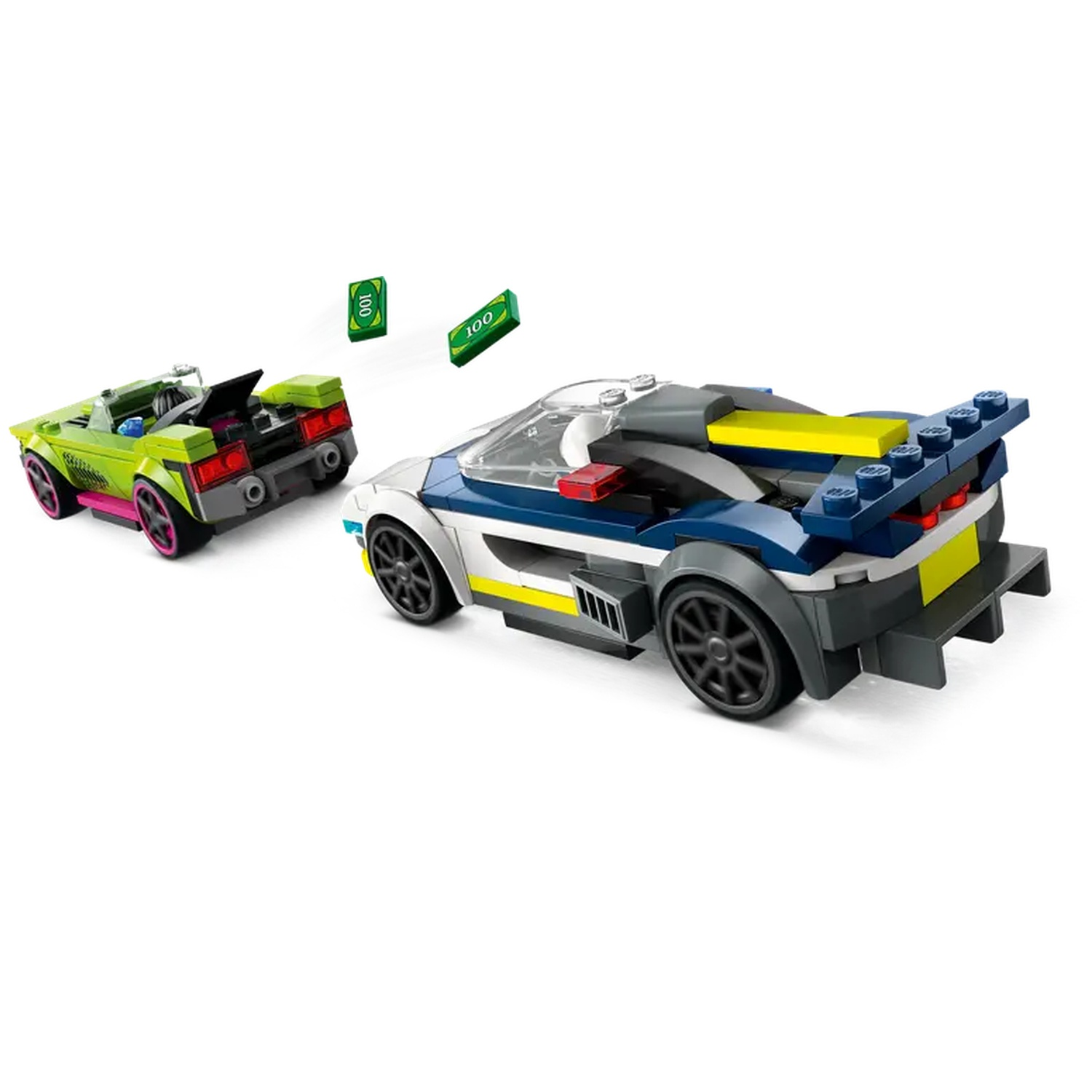 Two toy cars, one green and one blue, with two toy dollar bills floating in the air. Cars are Lego style.