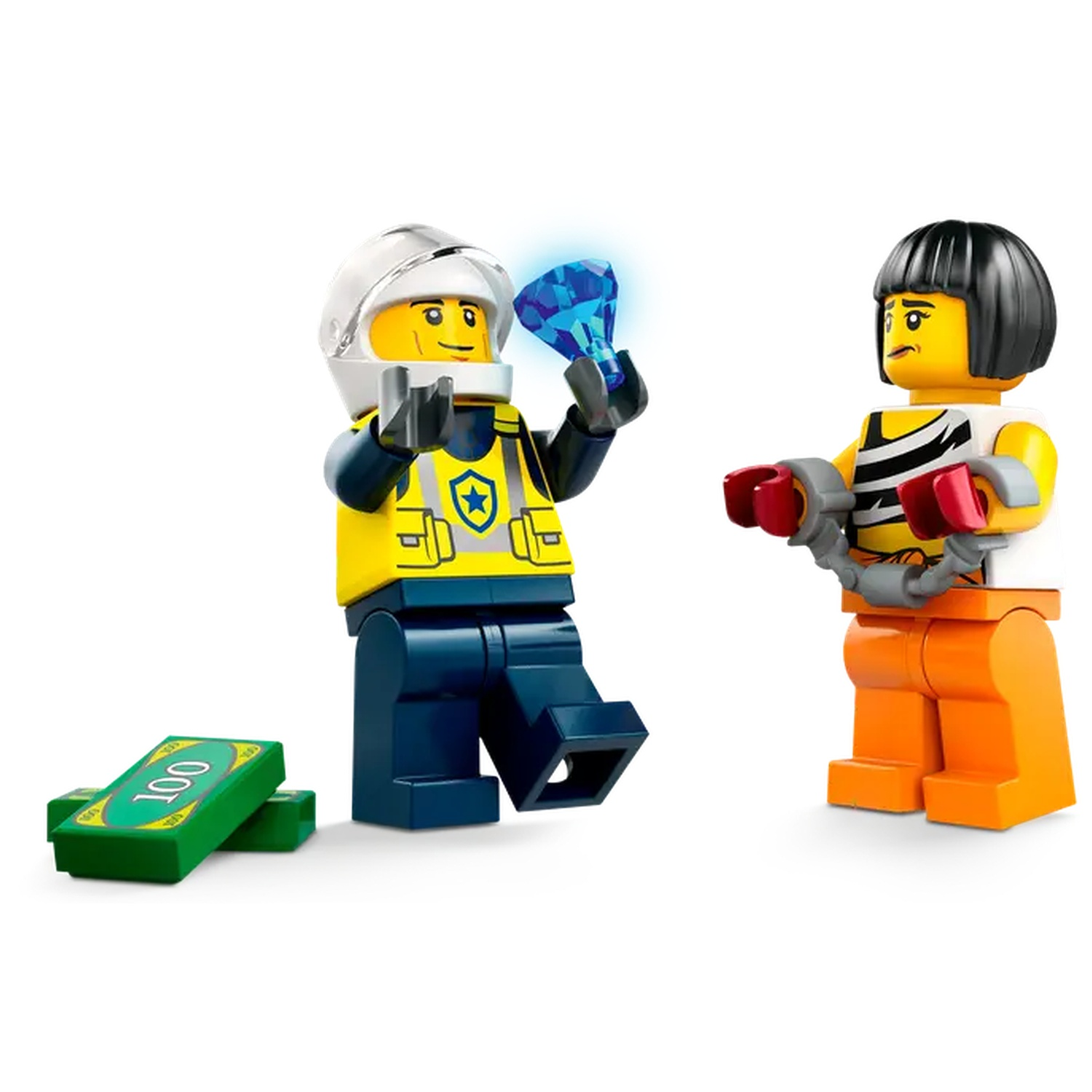 Lego police officer holding a gem, and a prisoner in handcuffs. Money on ground. White background.