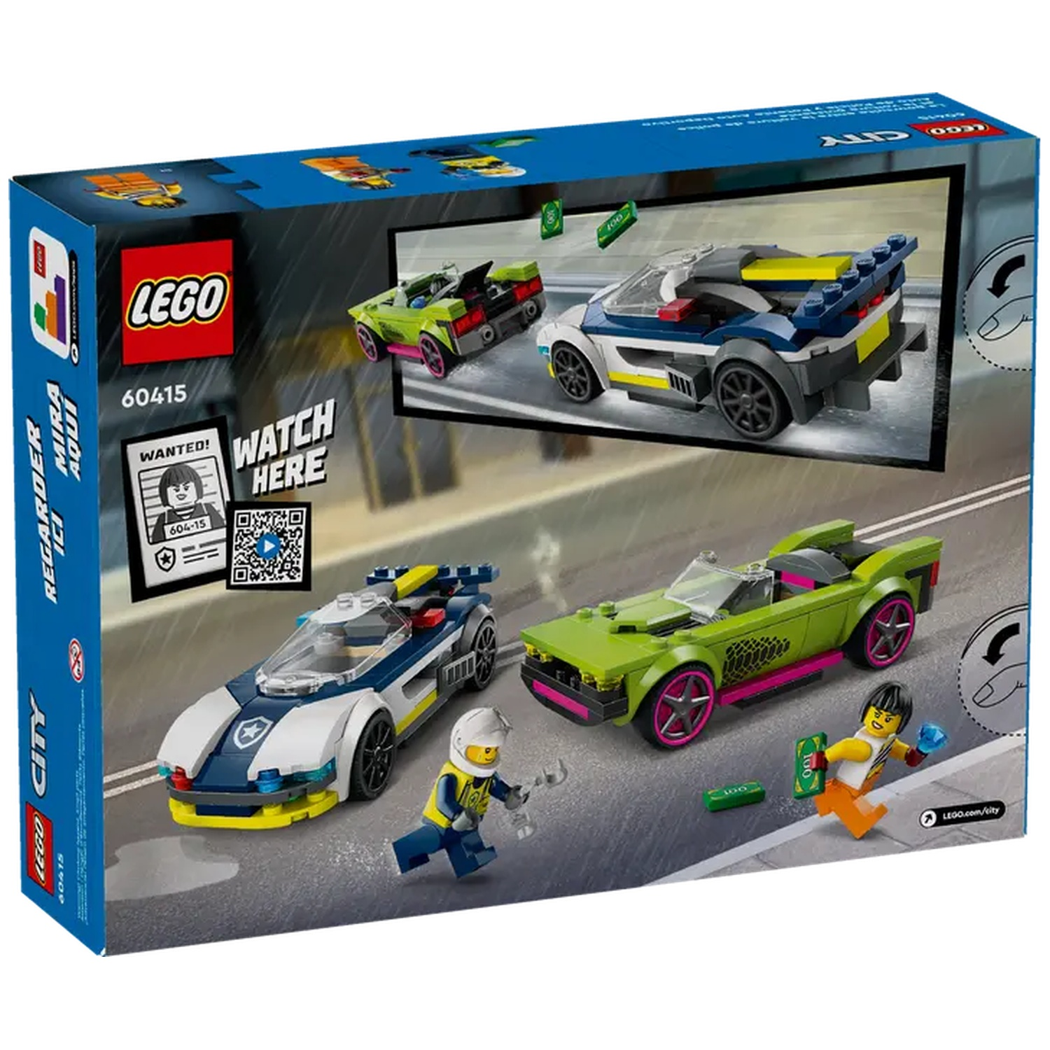 Lego City box shows three toy cars, a police officer, and a thief with money. The box has the Lego logo and the City logo.
