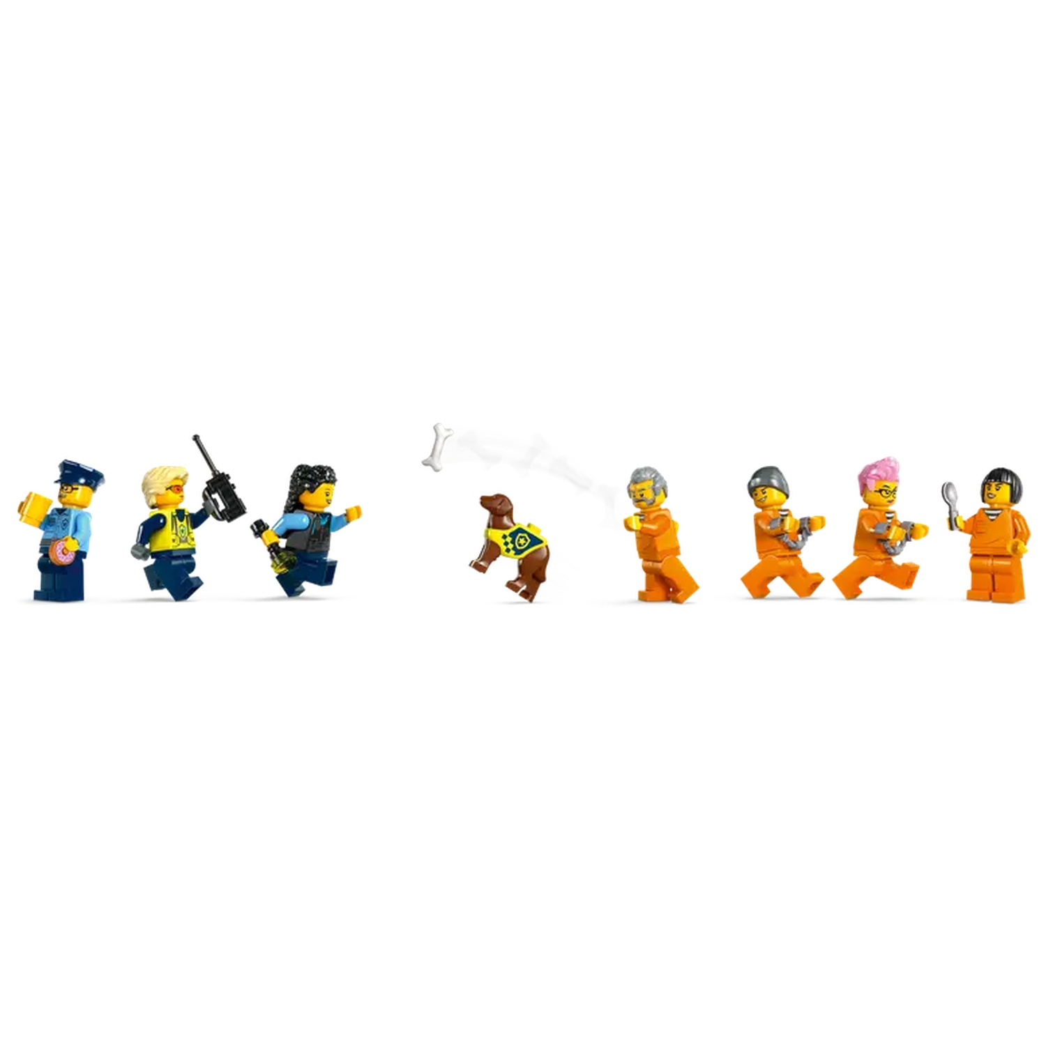 Figurines Lego : policiers, chien et personnages en combinaison orange. Un os flotte dans l'air.