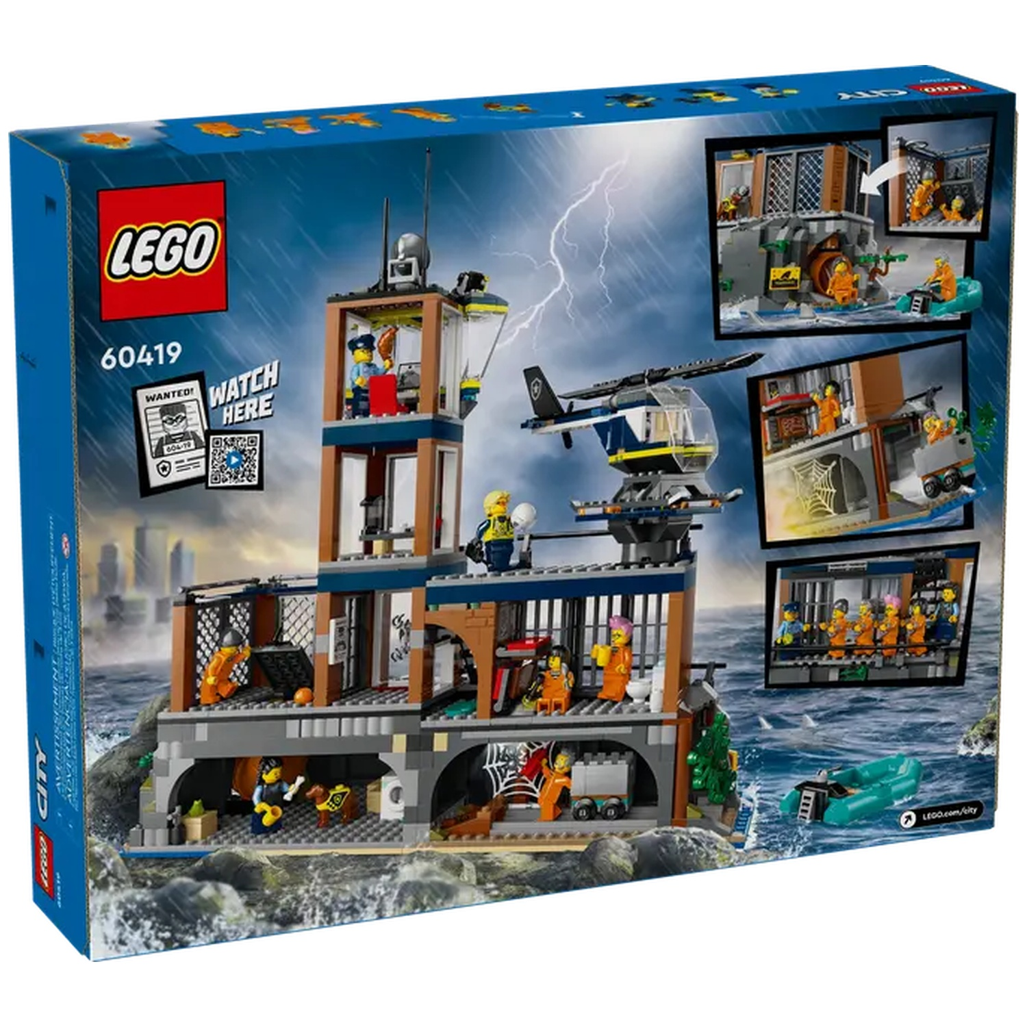 Boîte du set Lego City. Comprend une prison sur une île rocheuse avec un hélicoptère. Des détenus et des gardes sont visibles. Fond avec ville et orage.