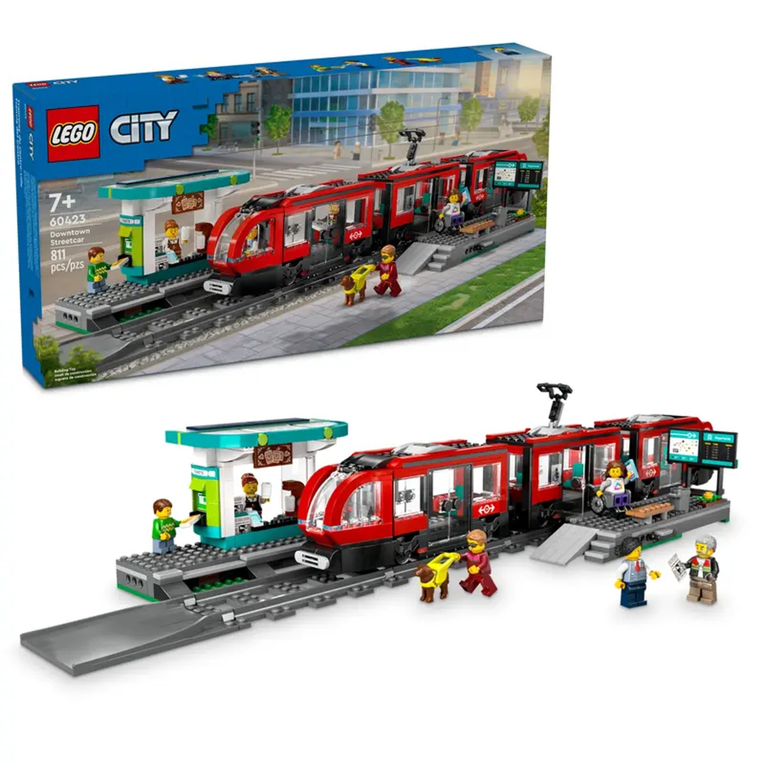 A Lego City set of a red streetcar at a station with people, ticket office, and a blue box.