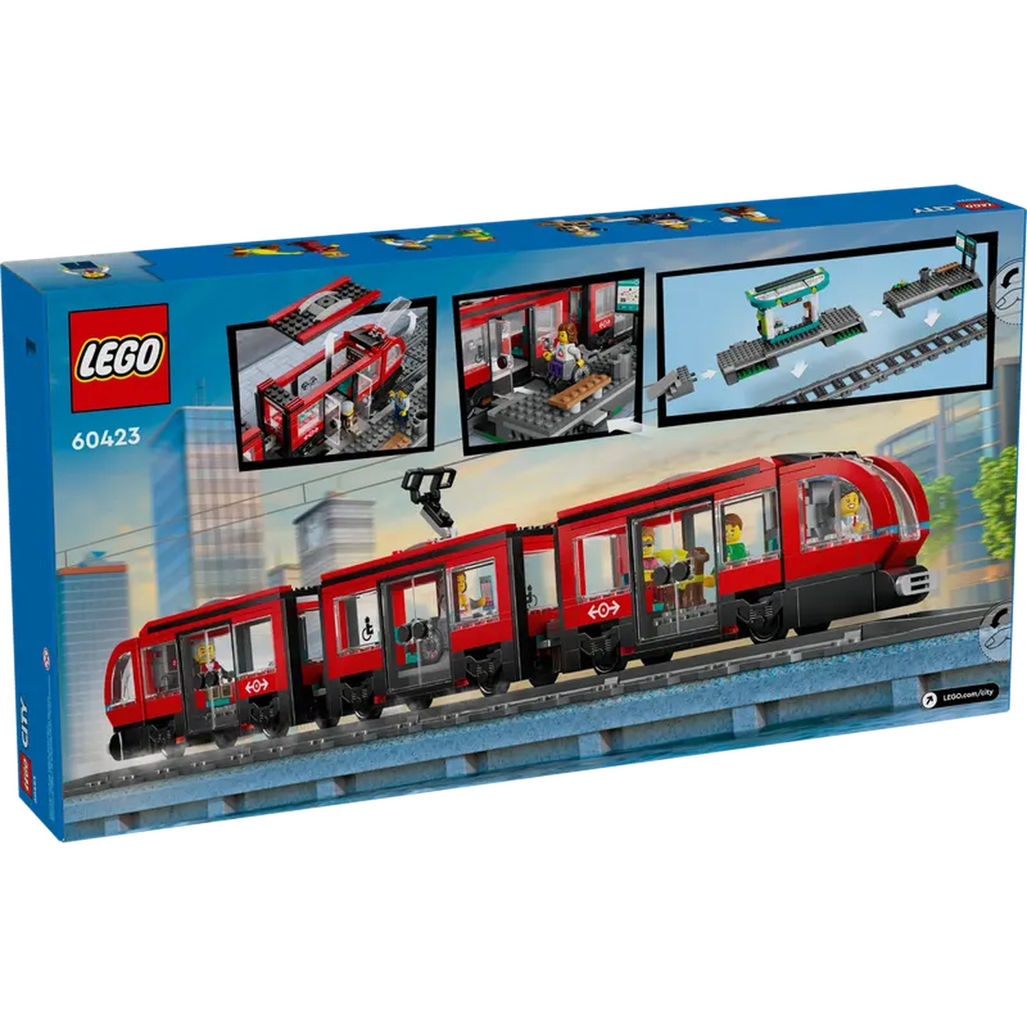 A Lego box shows a red train with passengers, the train is on tracks. There are also smaller images depicting train stations.