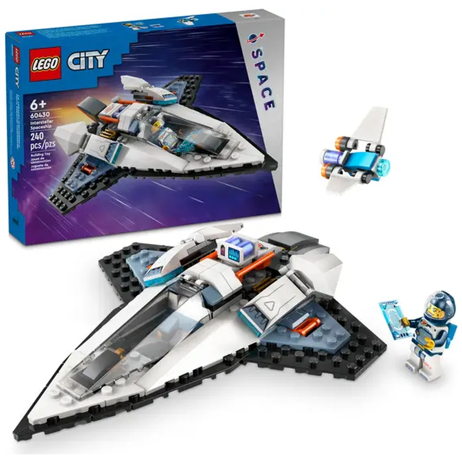 Een Lego City Interstellar Spaceship set. Het bevat een ruimteschip, een kleinere shuttle, een Lego figuur met een blauwe kaart en de doos.