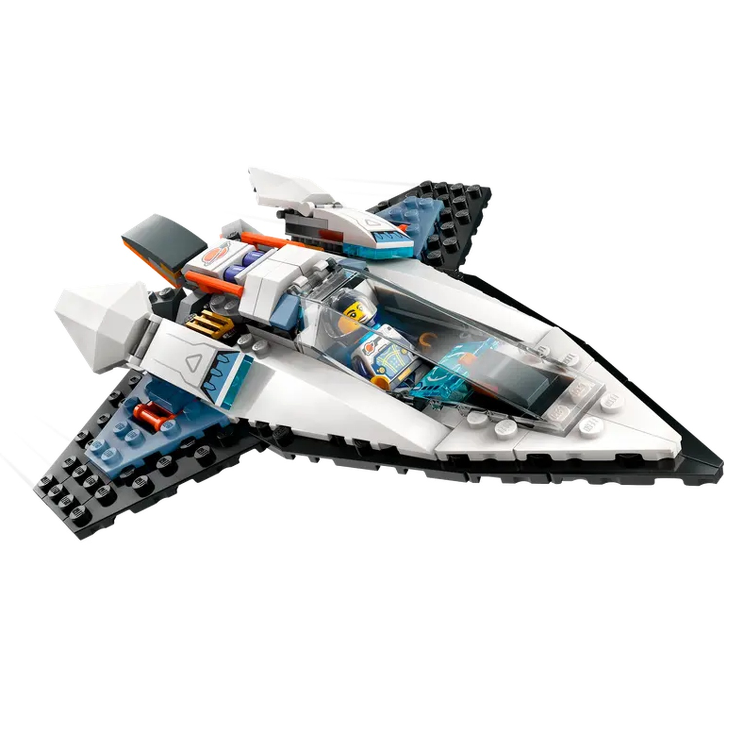 Een wit en zwart Lego ruimteschip speelgoed met een doorzichtige cockpit. Het ruimteschip heeft blauwe, grijze en oranje accenten.