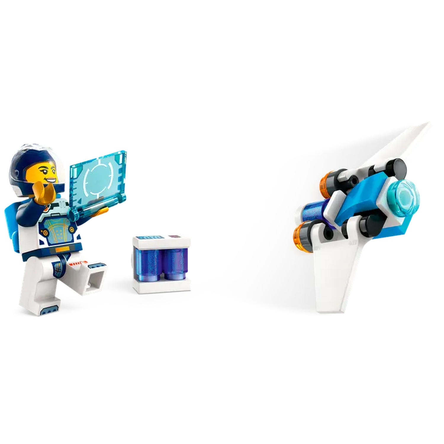 Een Lego astronaut figuur die naar een blauw scherm kijkt, een kleine container en een wit en blauw ruimteschip met oranje lichten.