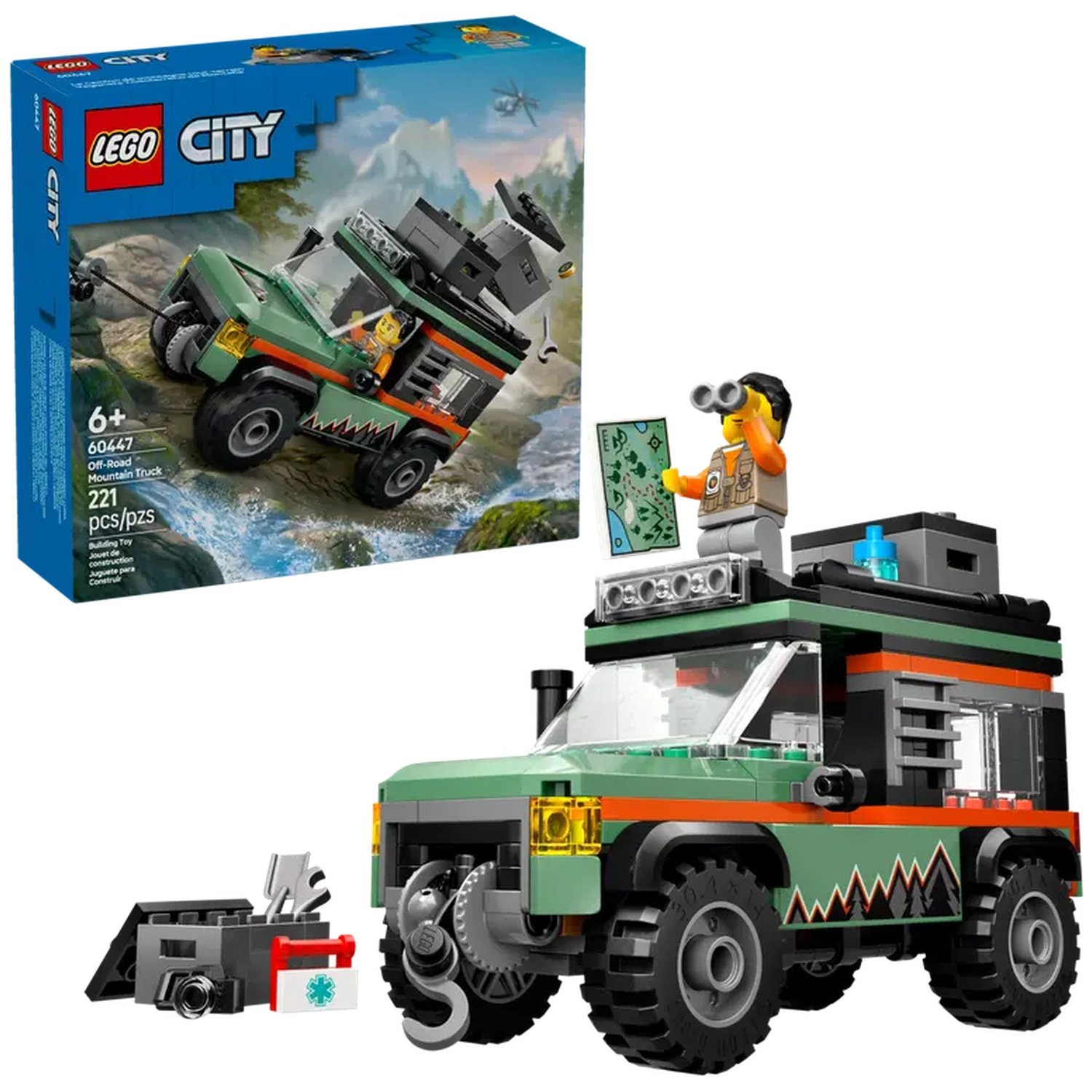 Lego City off-road mountain truck set. Includes a green truck, a minifigure with binoculars, and a box showing the truck in action.