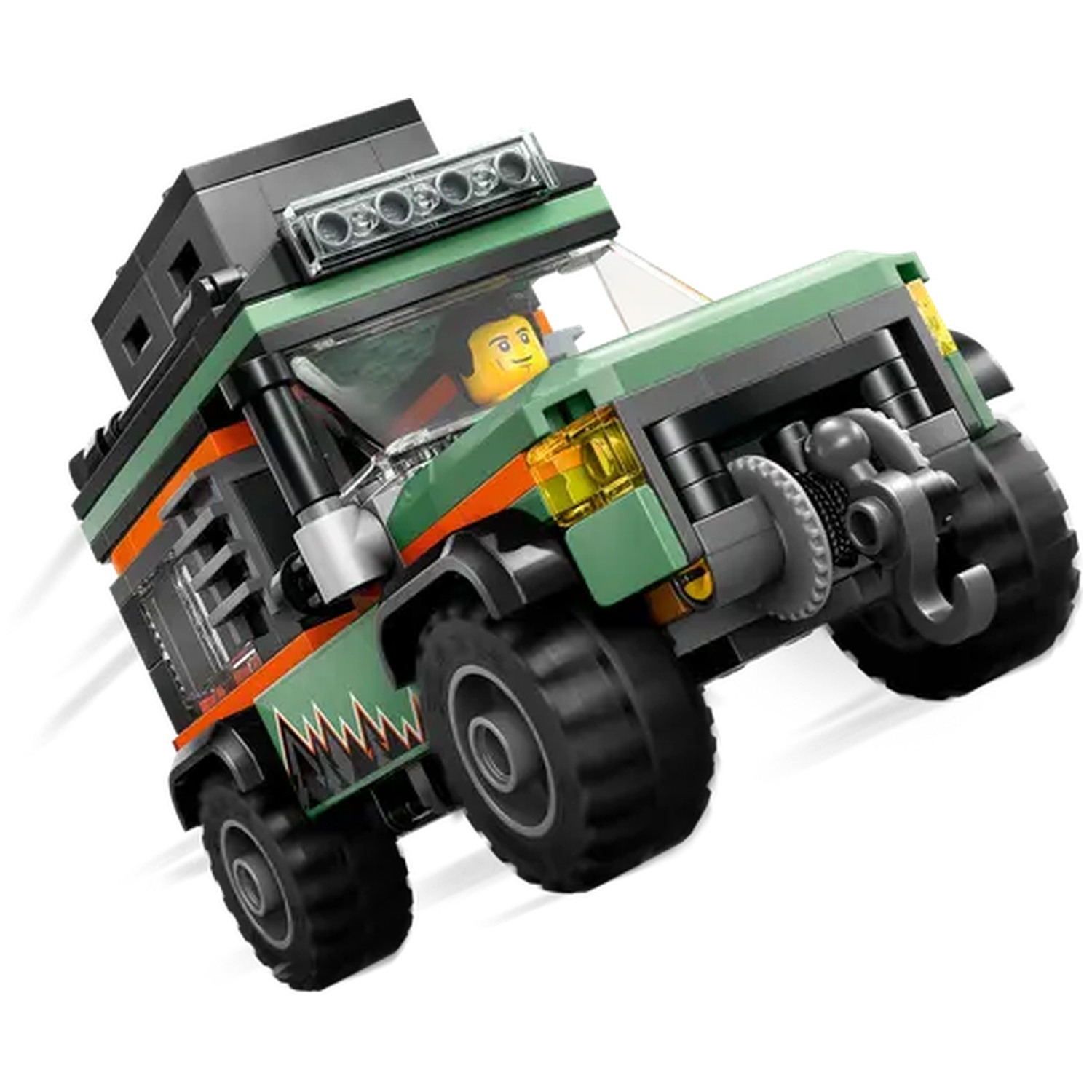A green and orange LEGO jeep with large black wheels and a minifigure driver. White background.