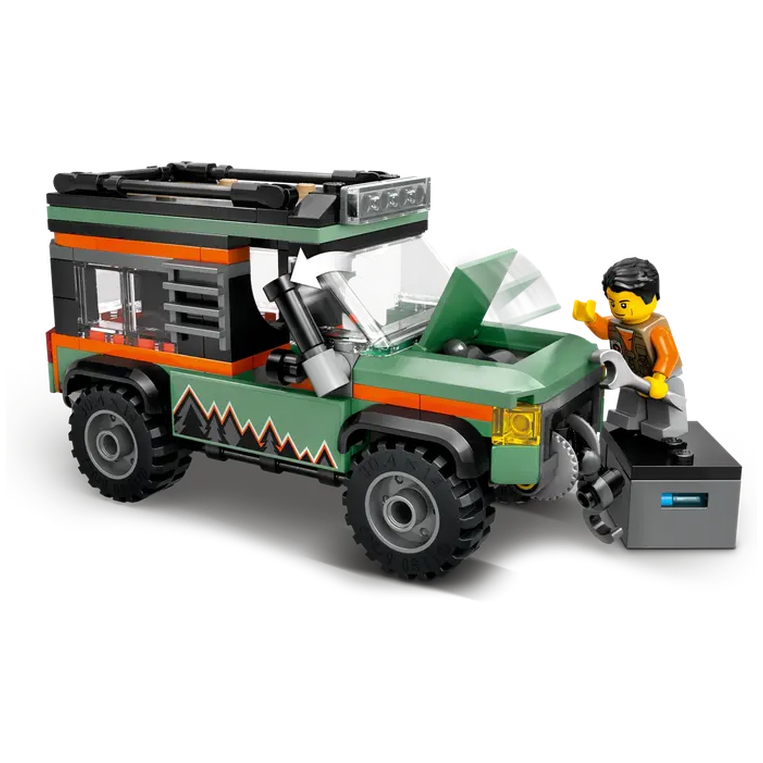 A green Lego jeep with orange stripes has its hood open. A Lego figure with a wrench stands nearby, on a black box.