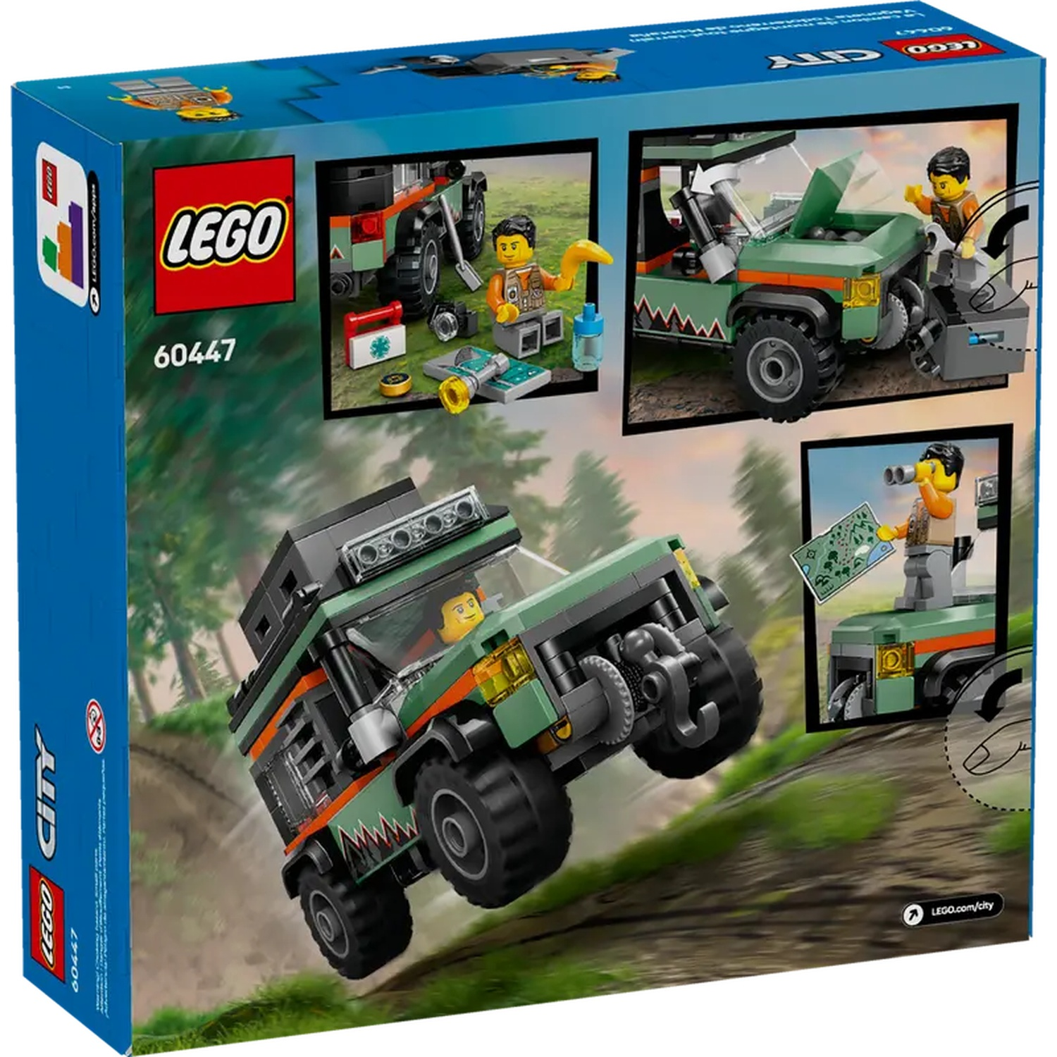 Lego City box. Green off-road vehicle climbing a hill. Lego figures and accessories are also visible.