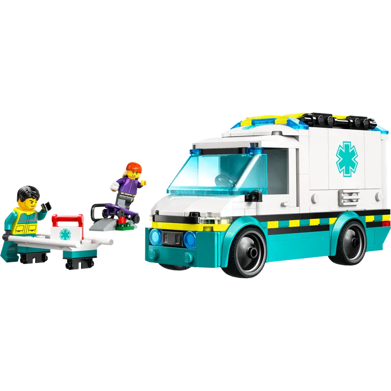 Lego ambulance set met figuren en brancard. Ambulance is wit en blauwgroen, met een blauwgroen kruis. Figuren zijn in uniform.