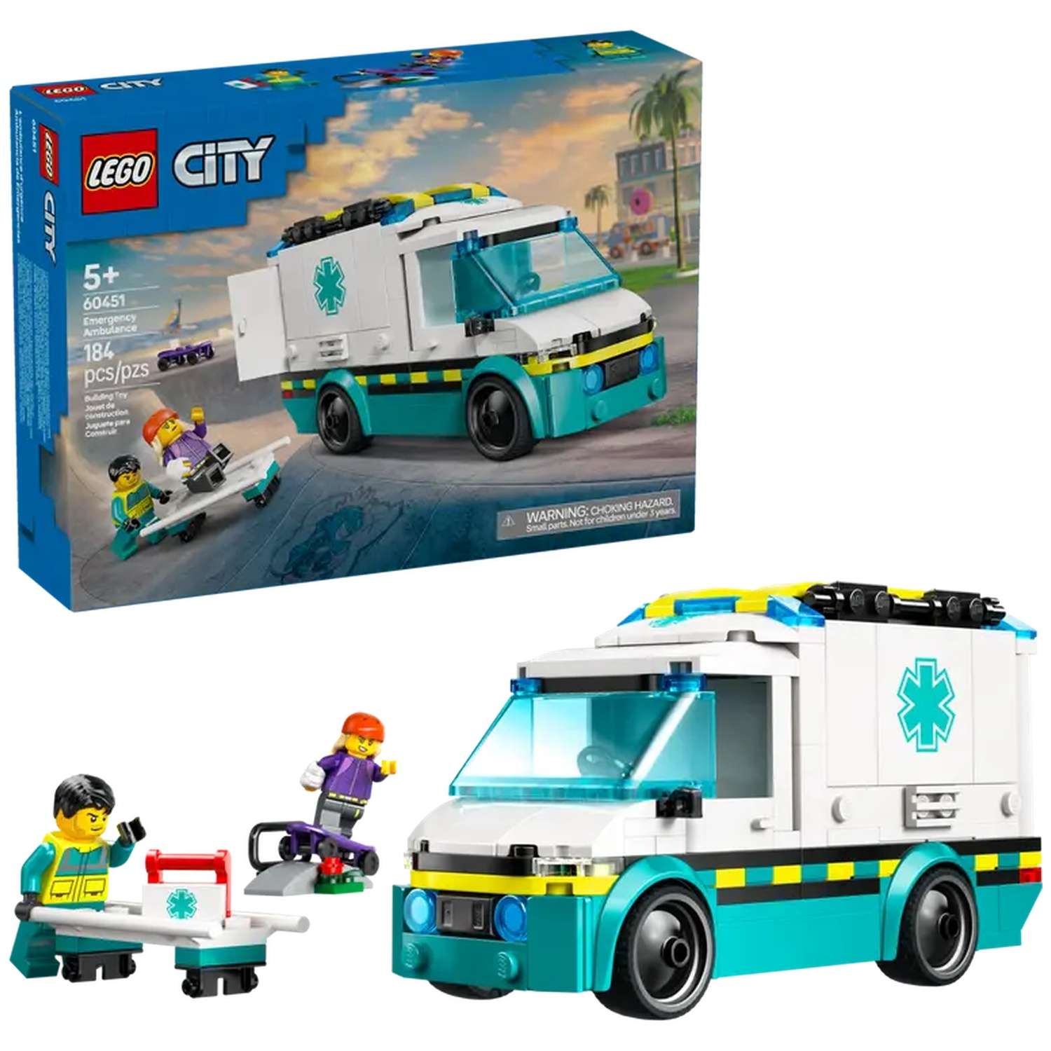 Een Lego City ambulance set wordt getoond. De doos en de geassembleerde speelgoedambulance zijn zichtbaar. Lego-personages zijn ook aanwezig.