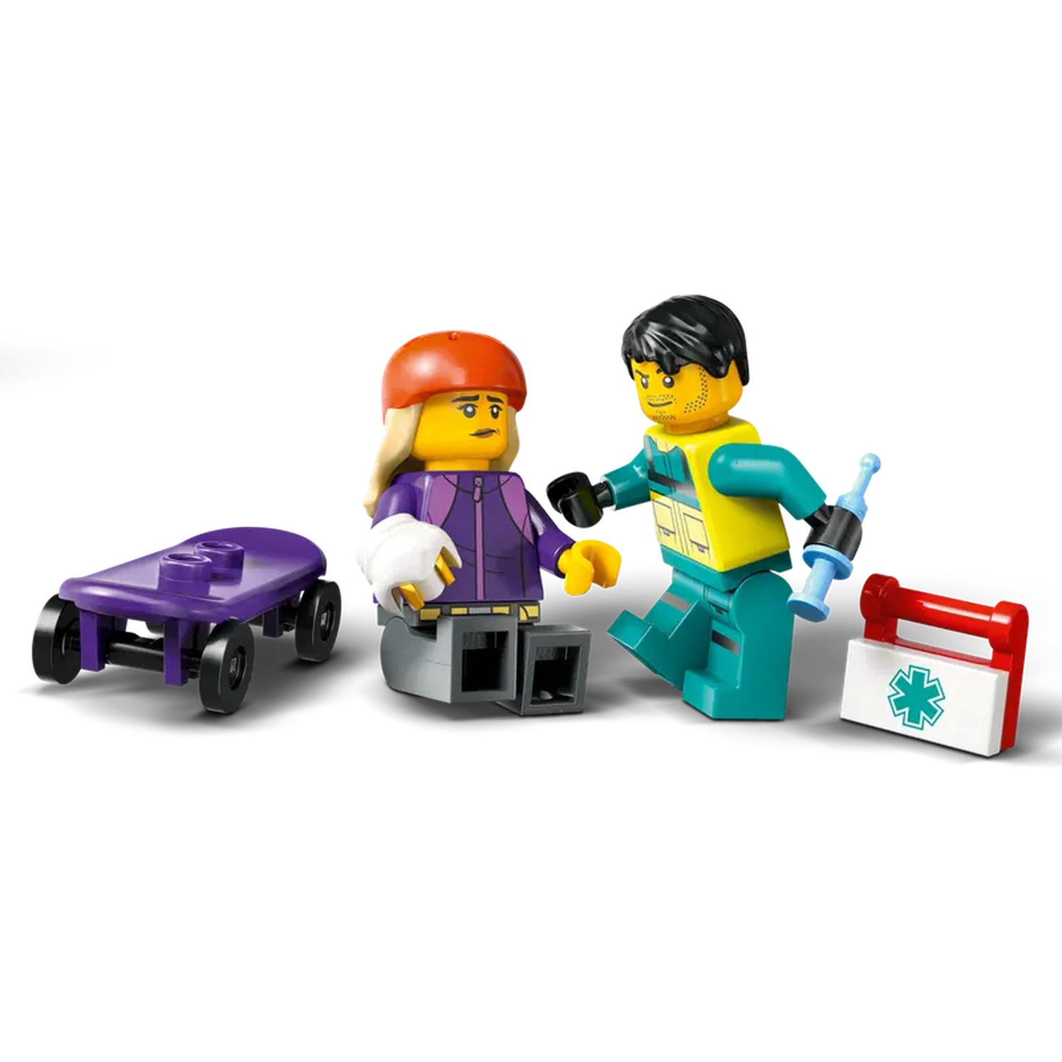Lego-scène: gewonde persoon met helm, dokter, skateboard en EHBO-kit.