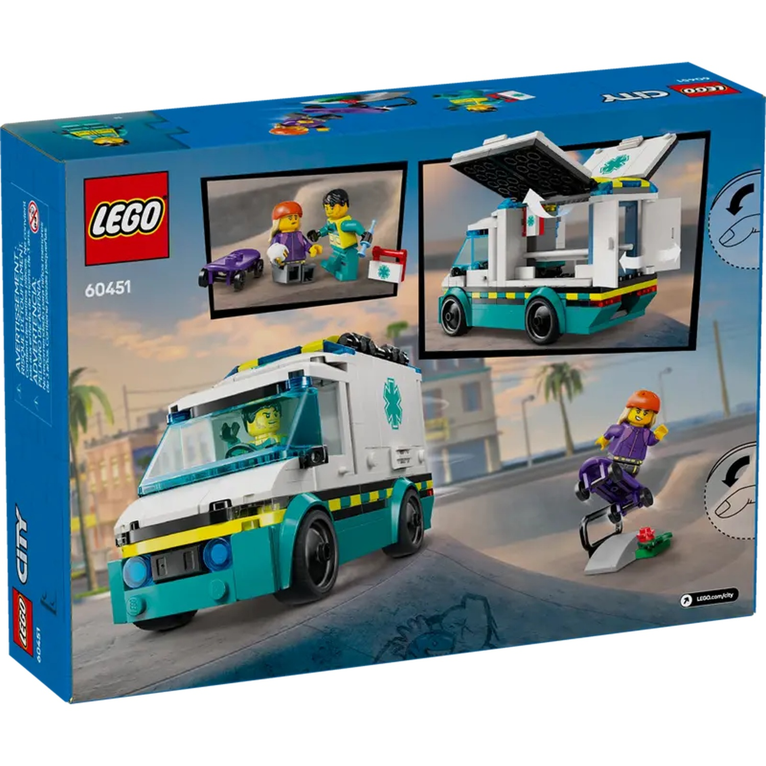 Lego City doos. Toont een ambulance, minifiguren en een skateboarder. De ambulance heeft een turquoise en witte kleurstelling.