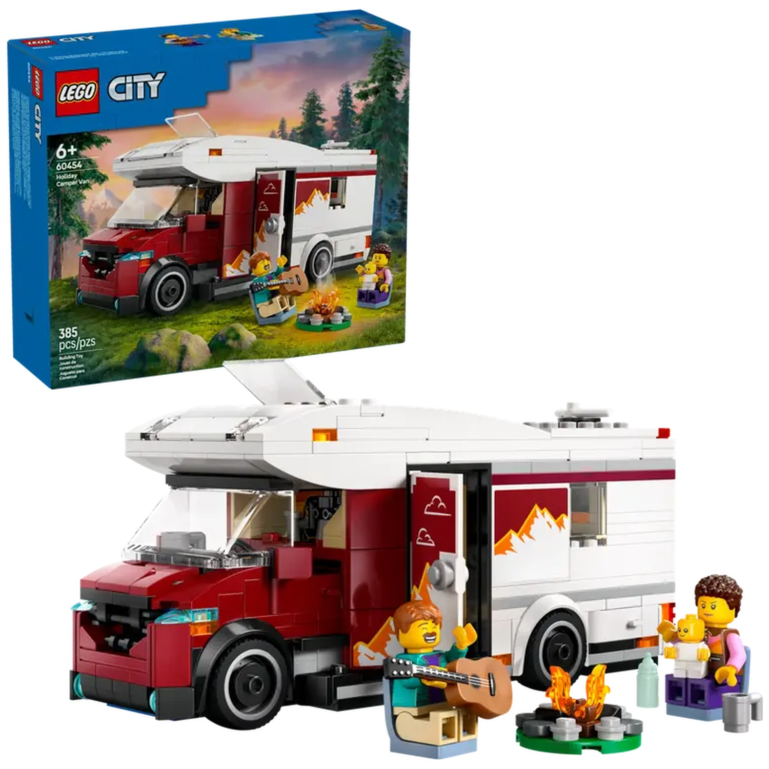 Lego set of a red and white camper van with minifigures around a campfire. Box shows the van in a forest setting.