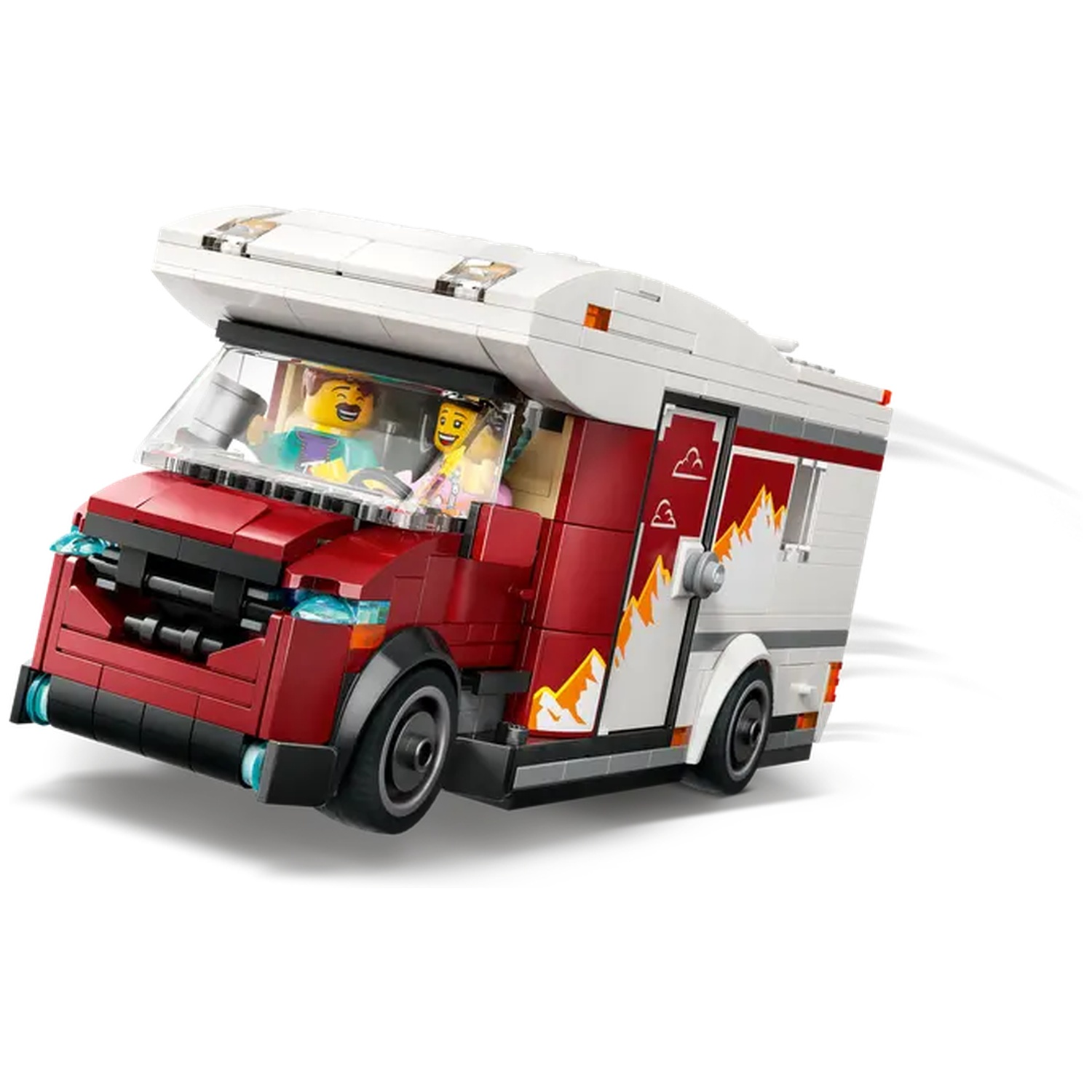 A Lego camper van in motion, red and white with two Lego figures inside. The van has flames on the side.