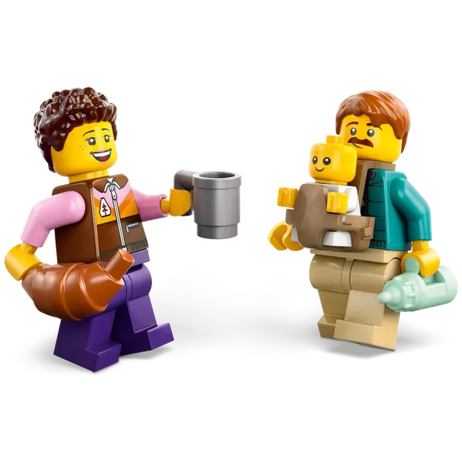 Two Lego figures. One holds a croissant and mug. The other holds a baby and a bottle. Both have yellow skin.