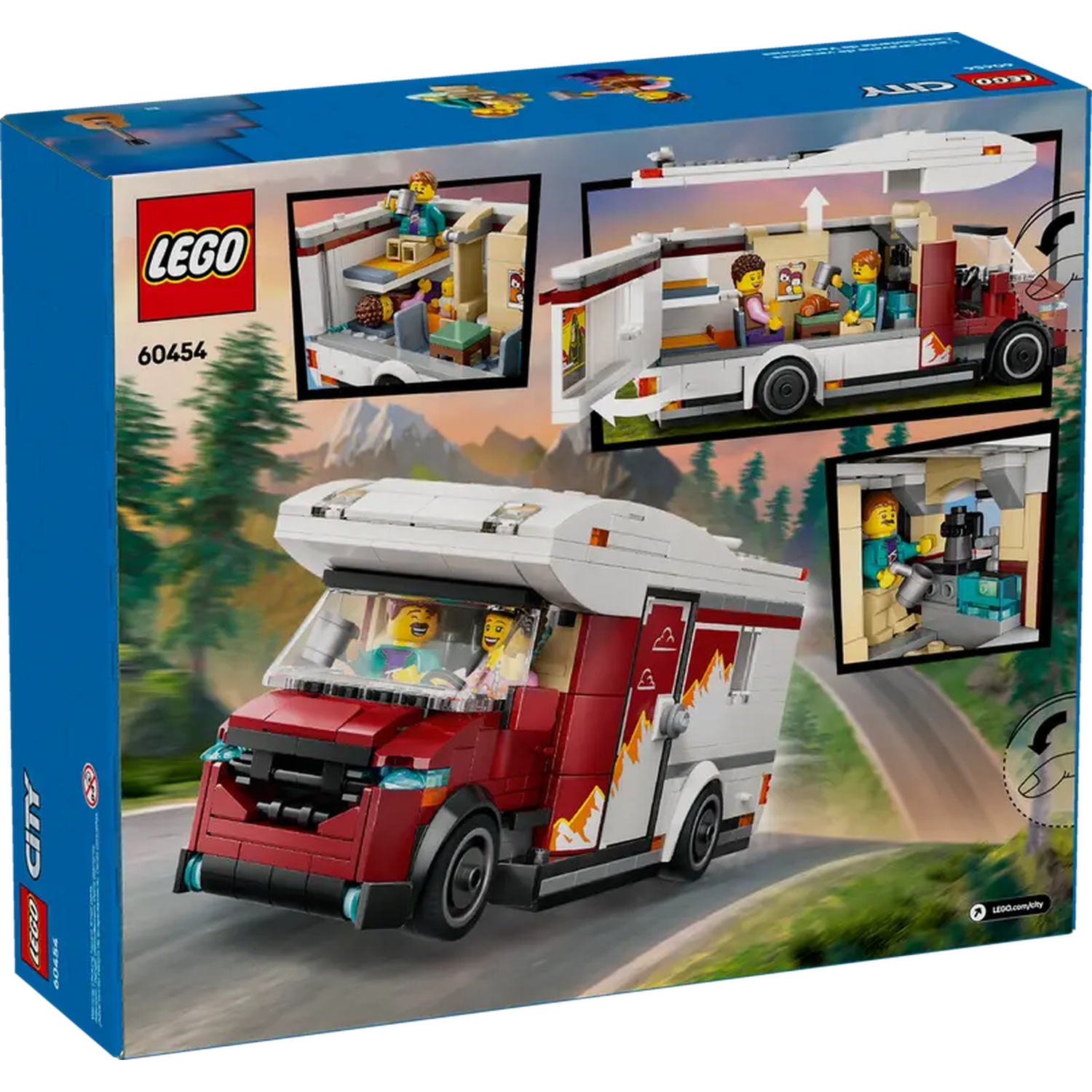 Lego City RV set box. The RV is red and white, with people inside. The box shows different views of the RV.