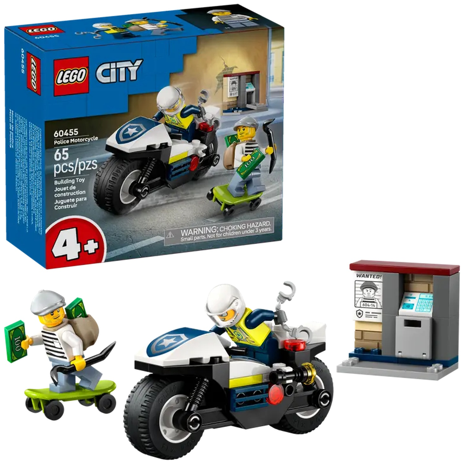 Lego City set. Includes a police motorcycle, a thief on a skateboard with money, and an ATM with a wanted poster.
