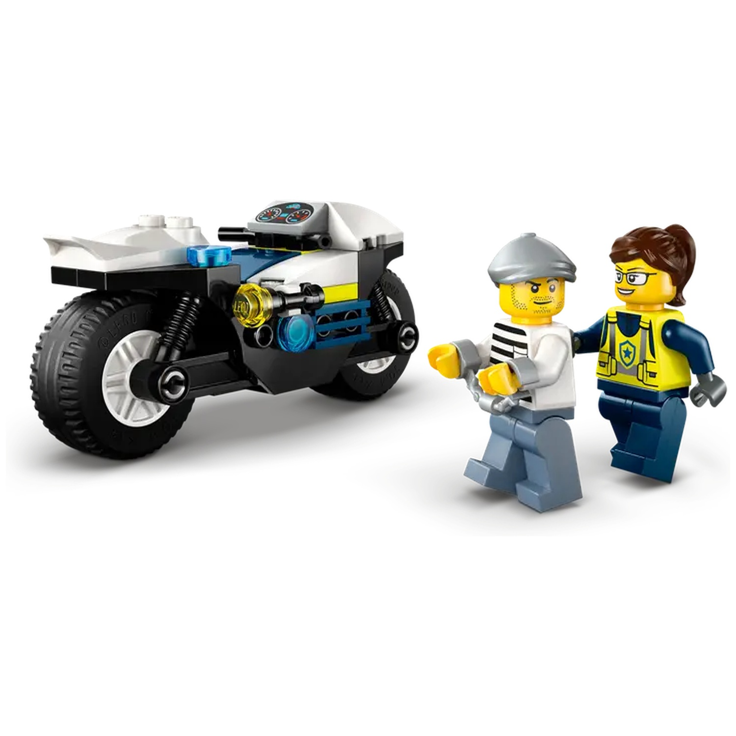 Lego set with a police motorcycle, a police officer, and a prisoner in handcuffs. White background.