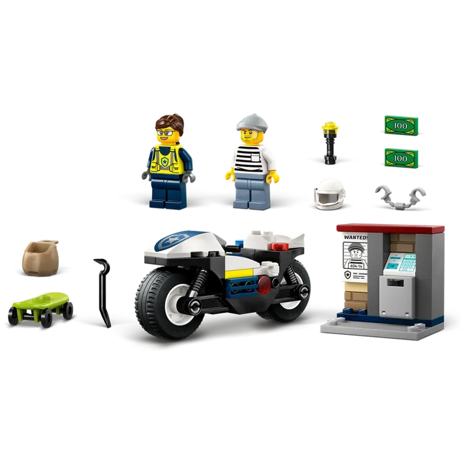 Lego police set: Motorcycle, two minifigures, money, handcuffs, helmet, wanted poster, and a small building.