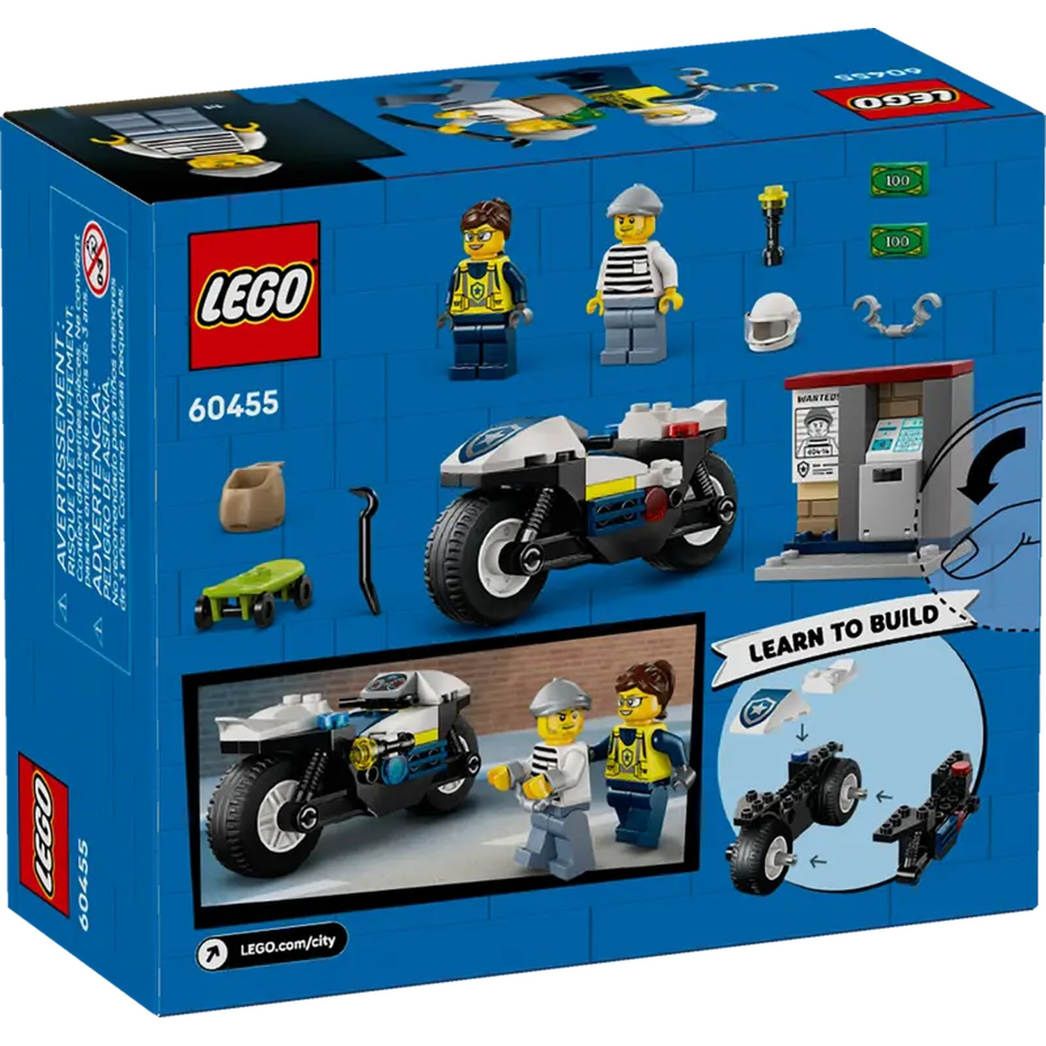 Lego box set with a police motorcycle, minifigures, and accessories. The box is blue with the Lego logo and set number 60455.