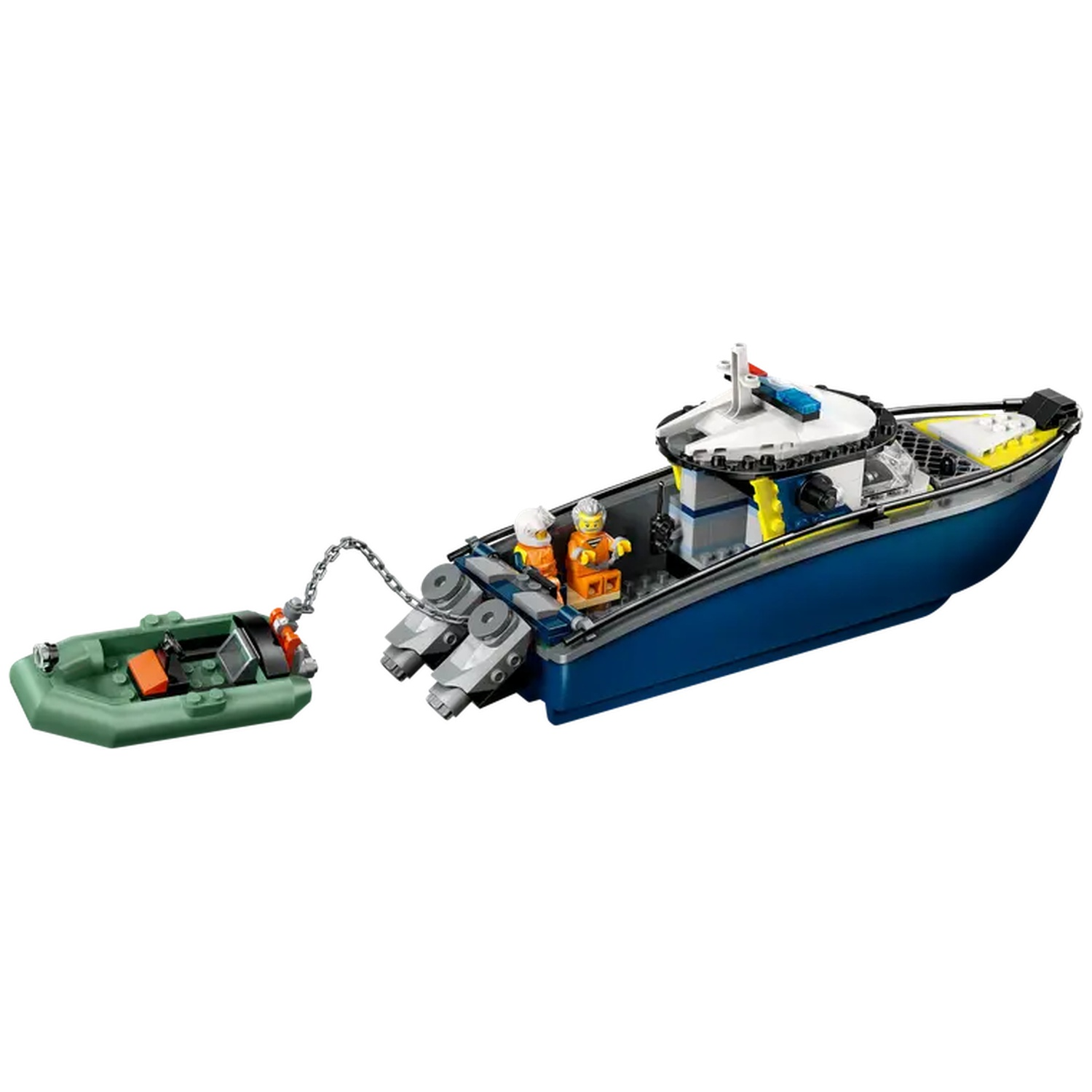 Een blauw en witte Lego politieboot met twee figuren en een groene bijboot die met een ketting is bevestigd.
