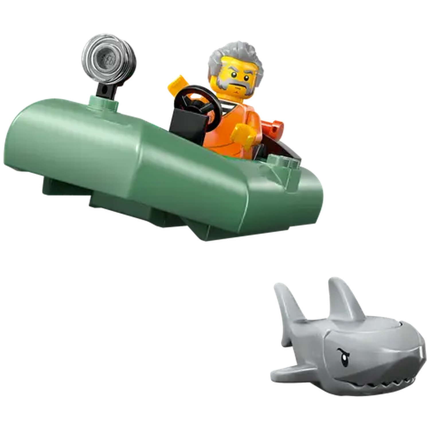 Een Lego-figuur in een boot tegenover een haai. De boot is groen en heeft een licht. De haai is grijs.