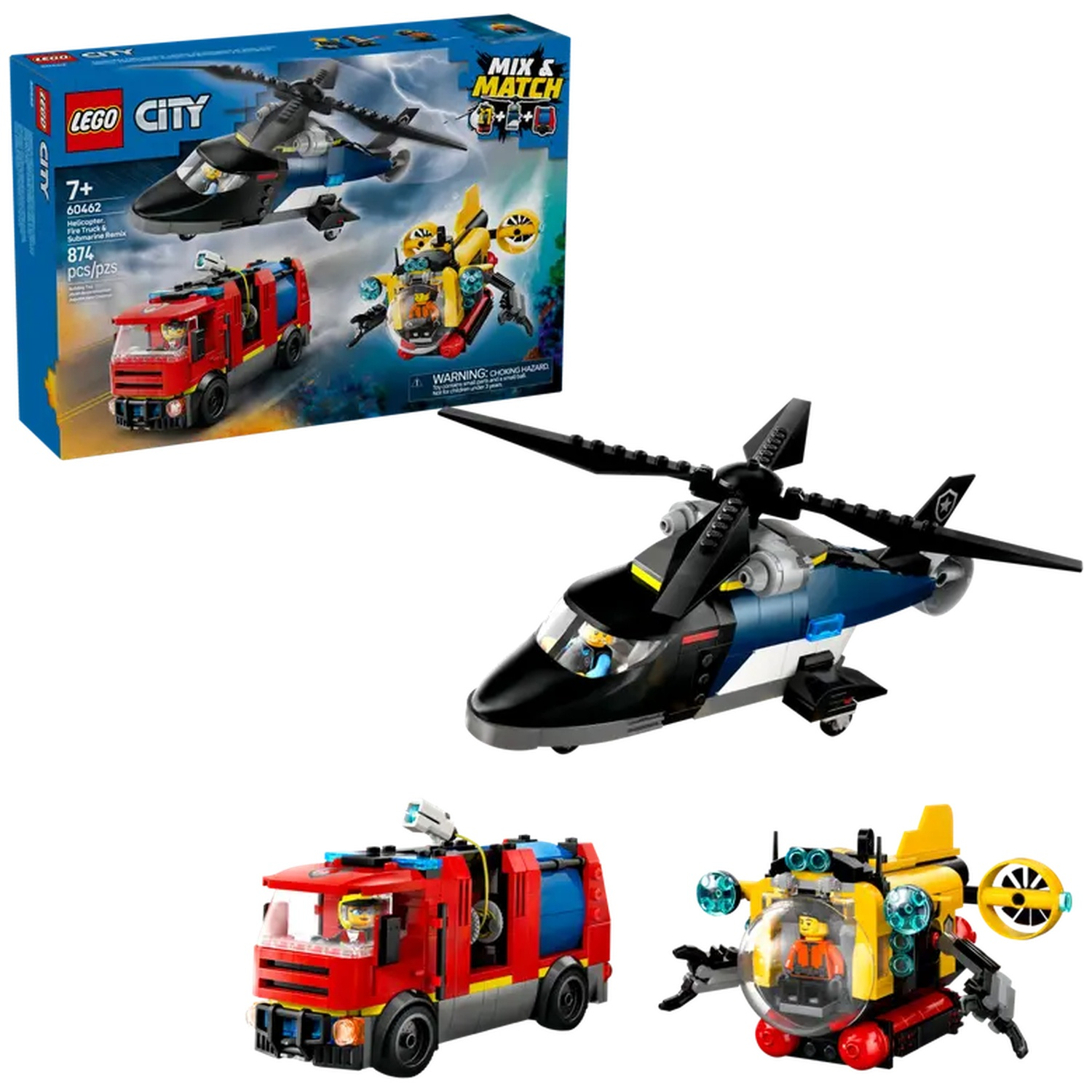 A Lego City set with a helicopter, fire truck, and submarine. The box shows the models, and they are also displayed separately.