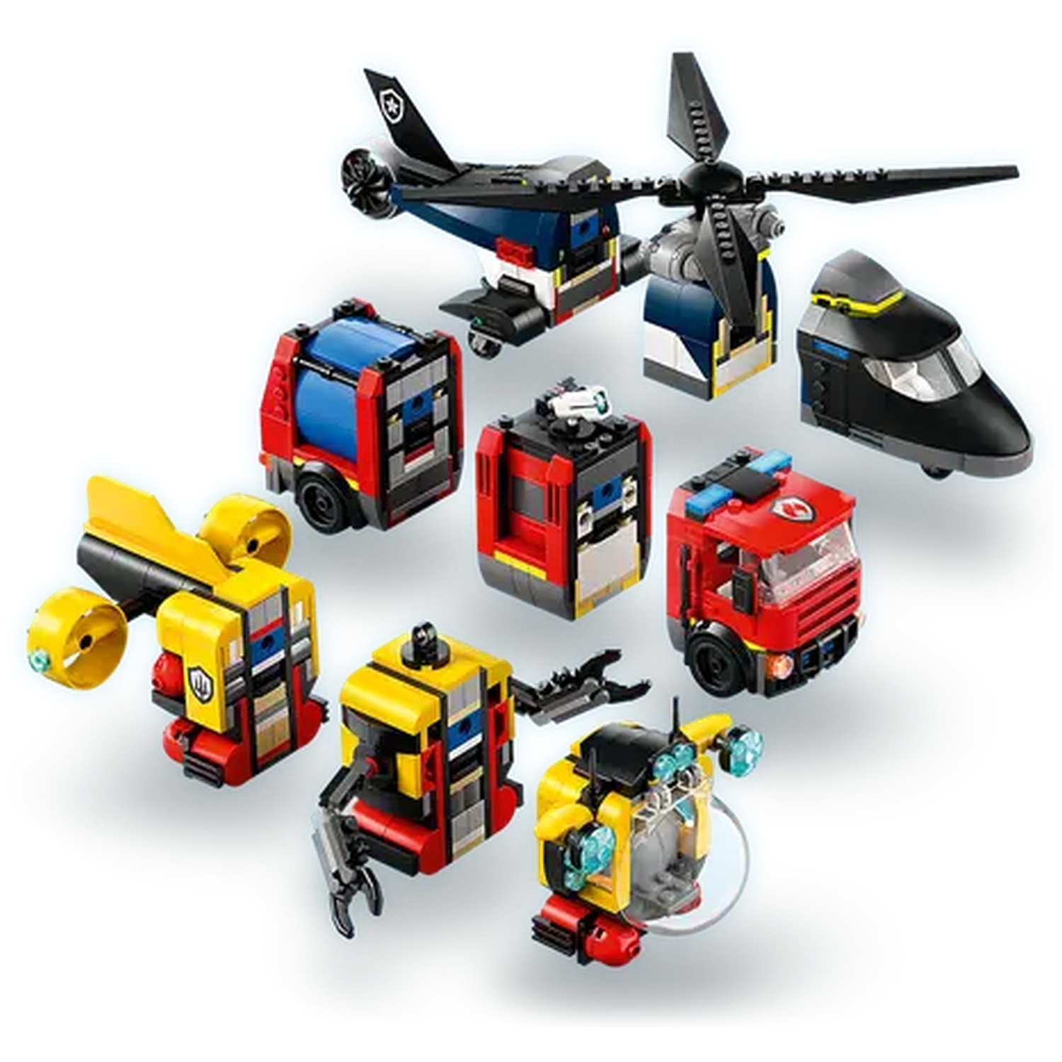 A collection of Lego-style toy vehicles. Includes a helicopter, train, fire truck, and various cube-shaped vehicles with unique designs.