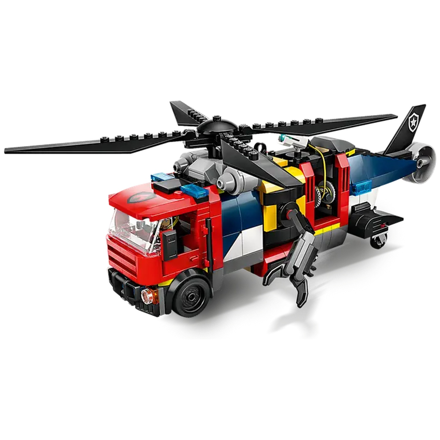 A Lego fire rescue helicopter with red, blue, and yellow components, black rotors, and a white background.